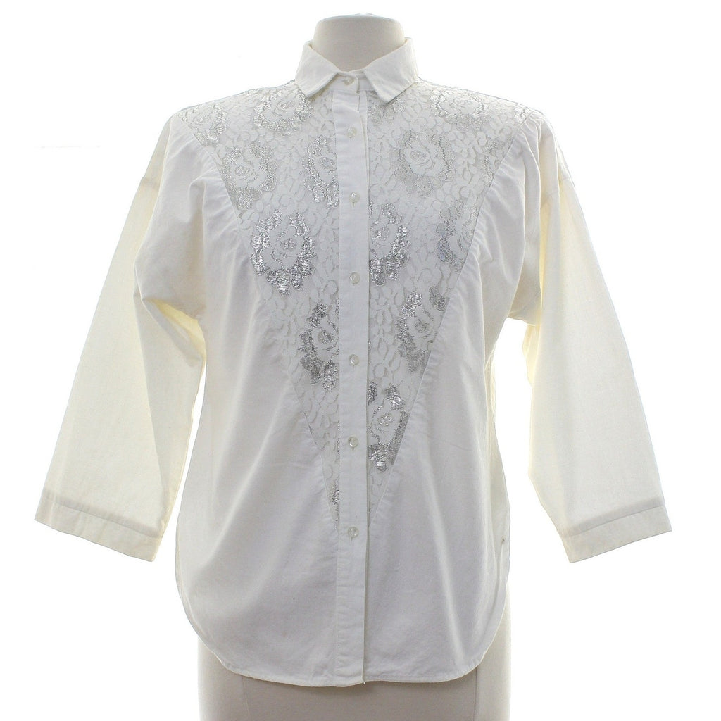Vintage 80s Women Large Sure Thing White Lace Western Blouse Shirt USA