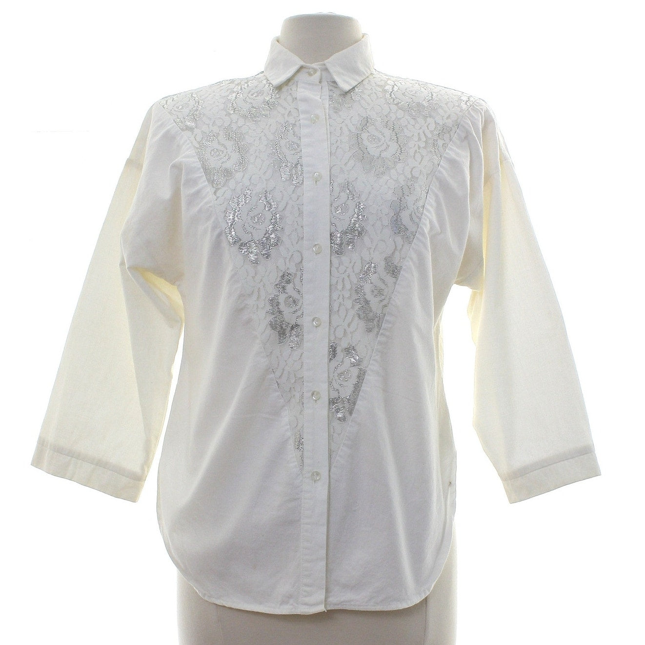 Vintage 80s Women Large Sure Thing White Lace Western Blouse Shirt USA