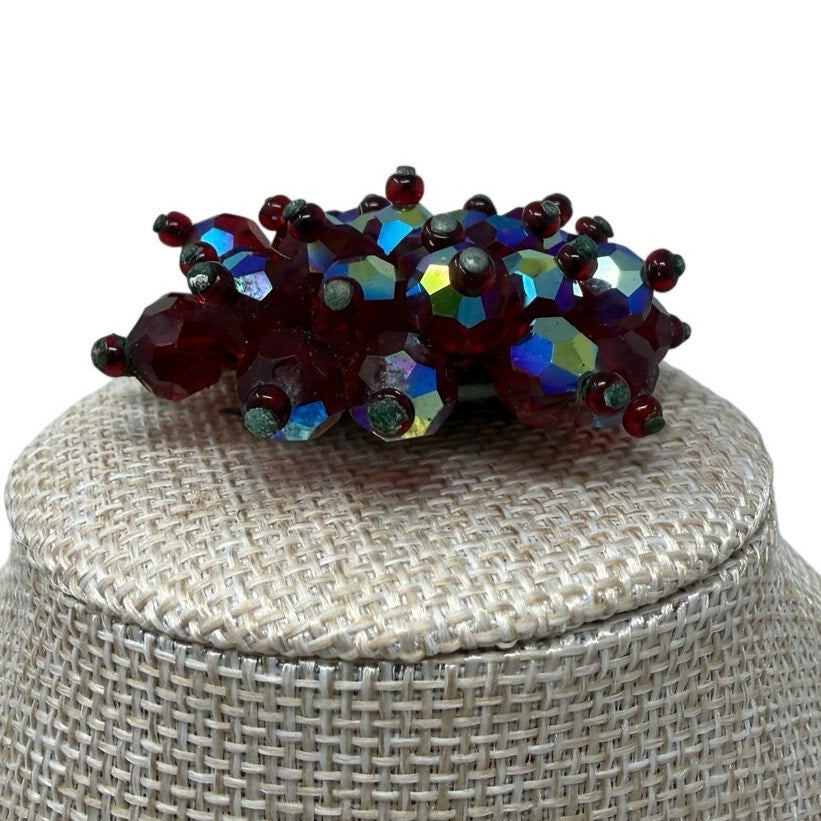 Vintage 1960s Ruby Red AB Glass Bead Cluster Brooch Pin 2.5”