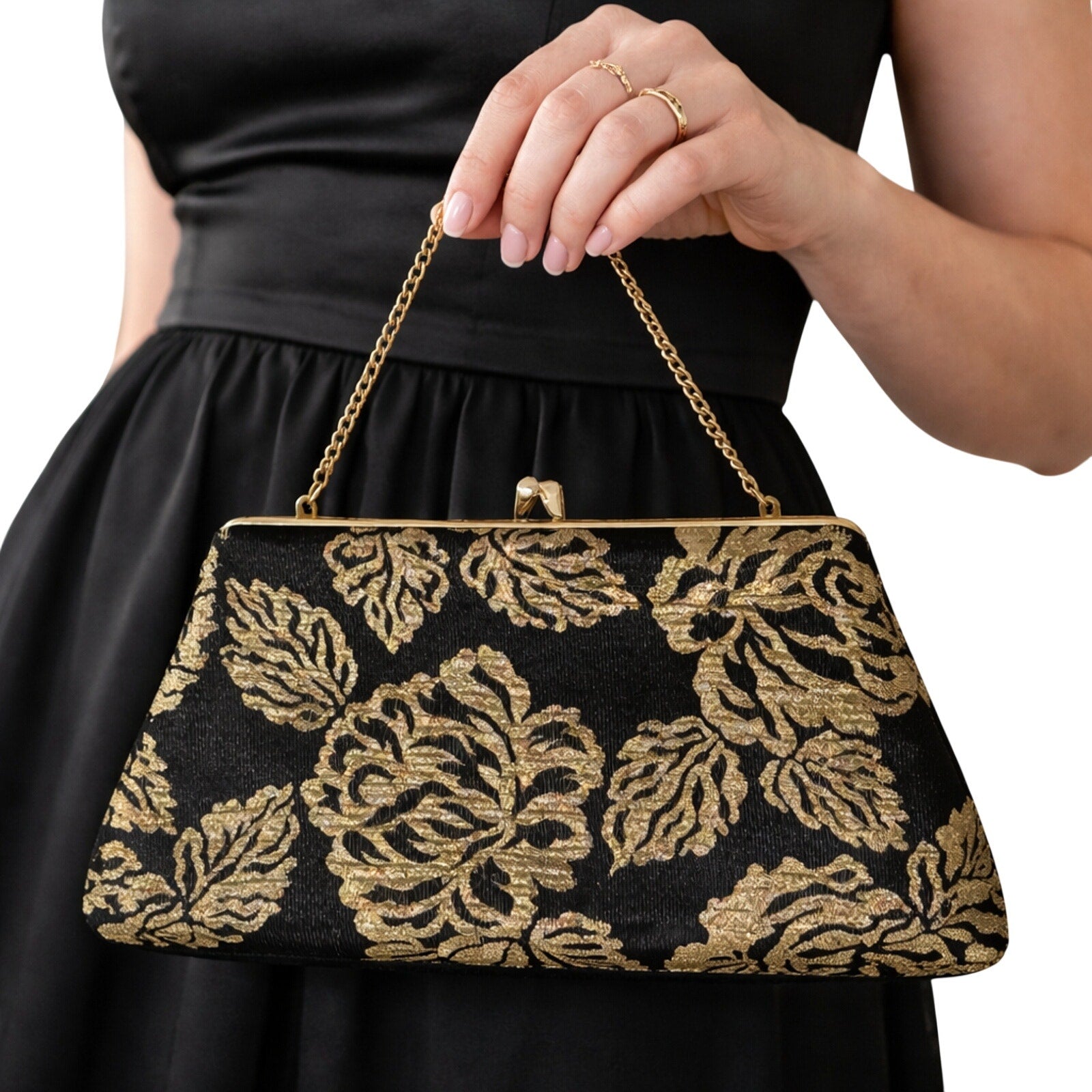 Vintage 60s Black Metallic Gold Brocade Clutch Chain Purse