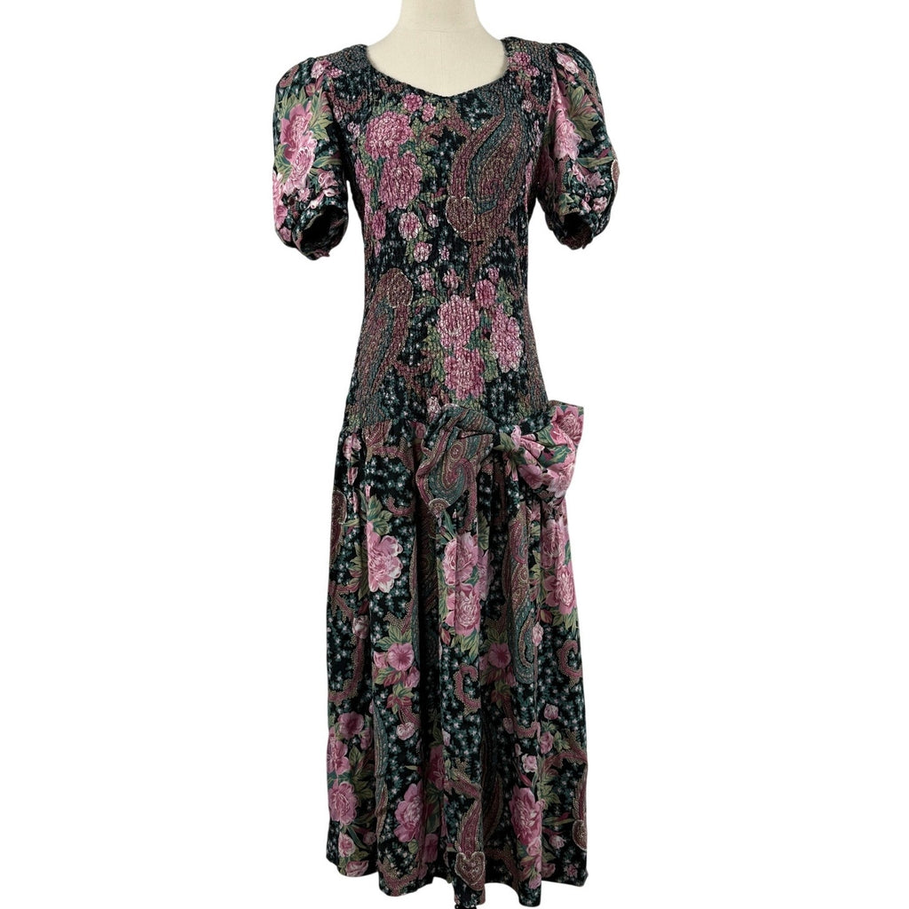 Vintage 80s ACT I New York Black Floral Drop Waist Midi Dress Women's 9/10