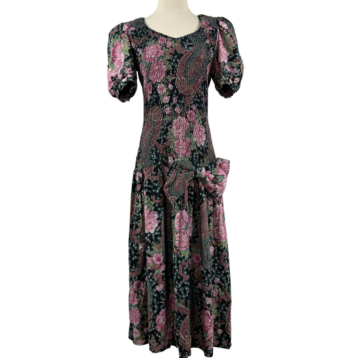 Vintage 80s ACT I New York Black Floral Drop Waist Midi Dress Women's 9/10