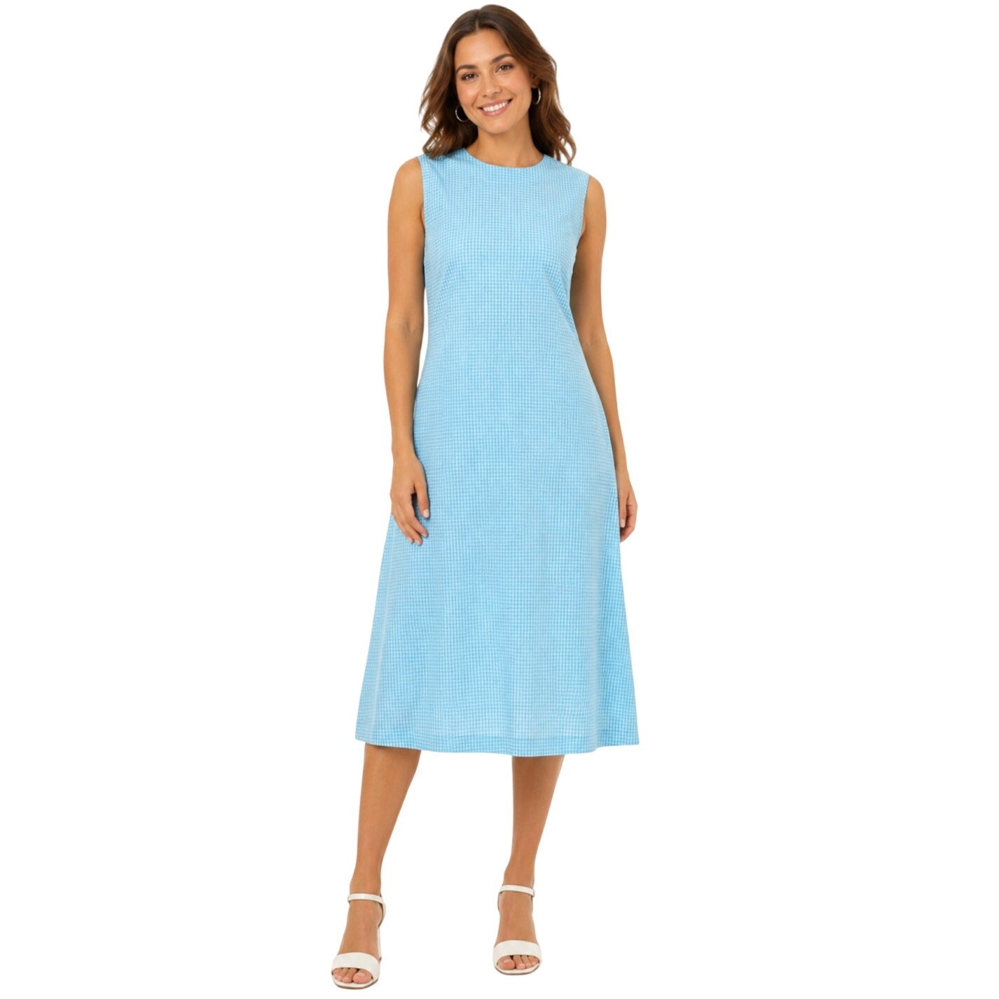 Vintage 70s Blue Gingham Midi Dress Sleeveless Cotton Blend Women's Medium