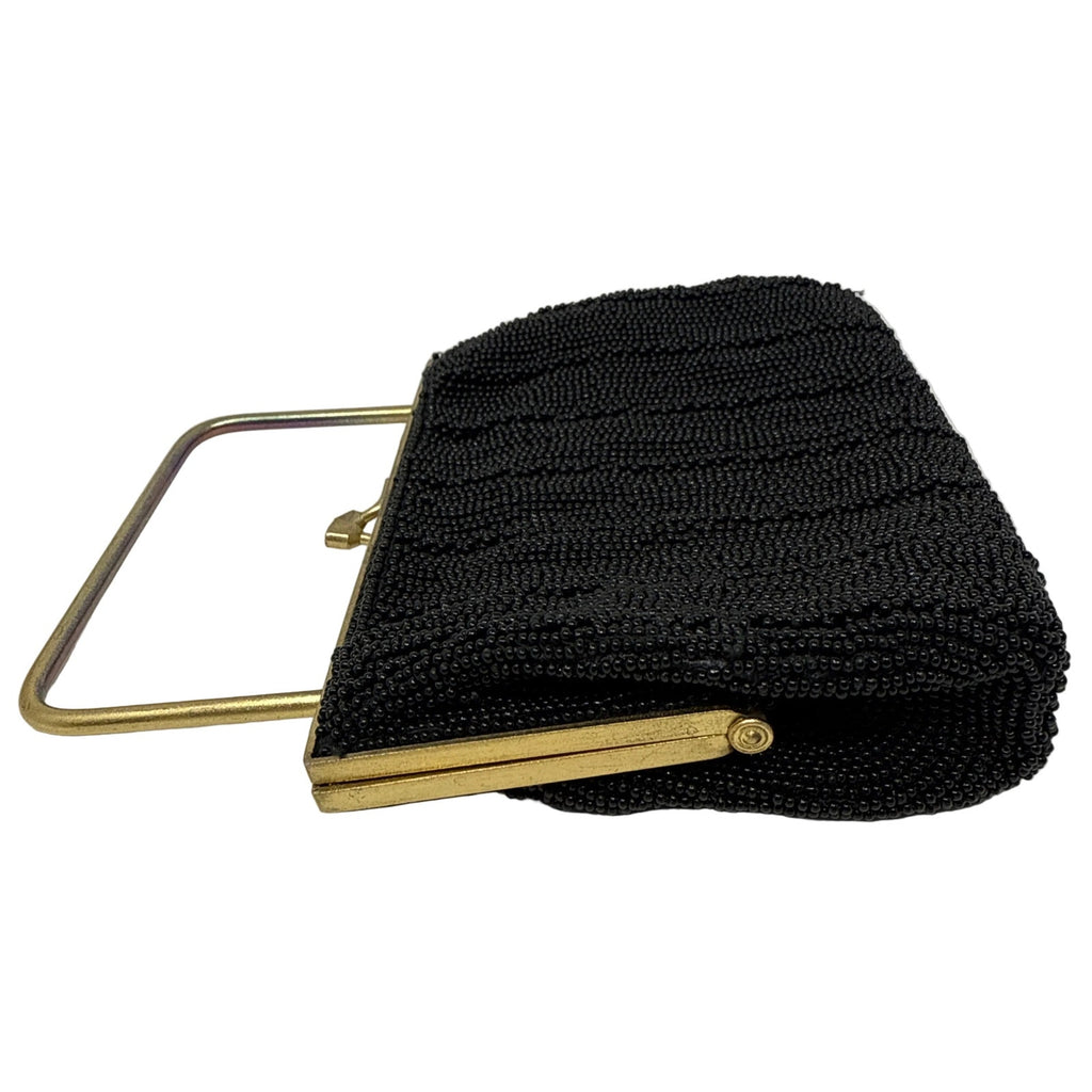 Vintage 70s Ruchere Black Beaded Gold Frame Evening Clutch Purse Top Handle