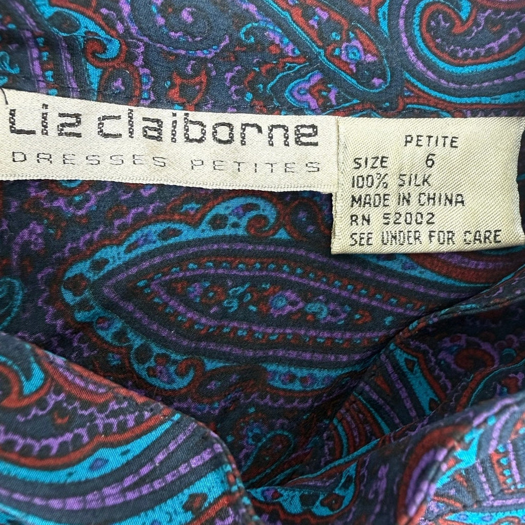 Vintage Liz Claiborne Silk Paisley Dress Purple Pleated A-Line 80s 90s