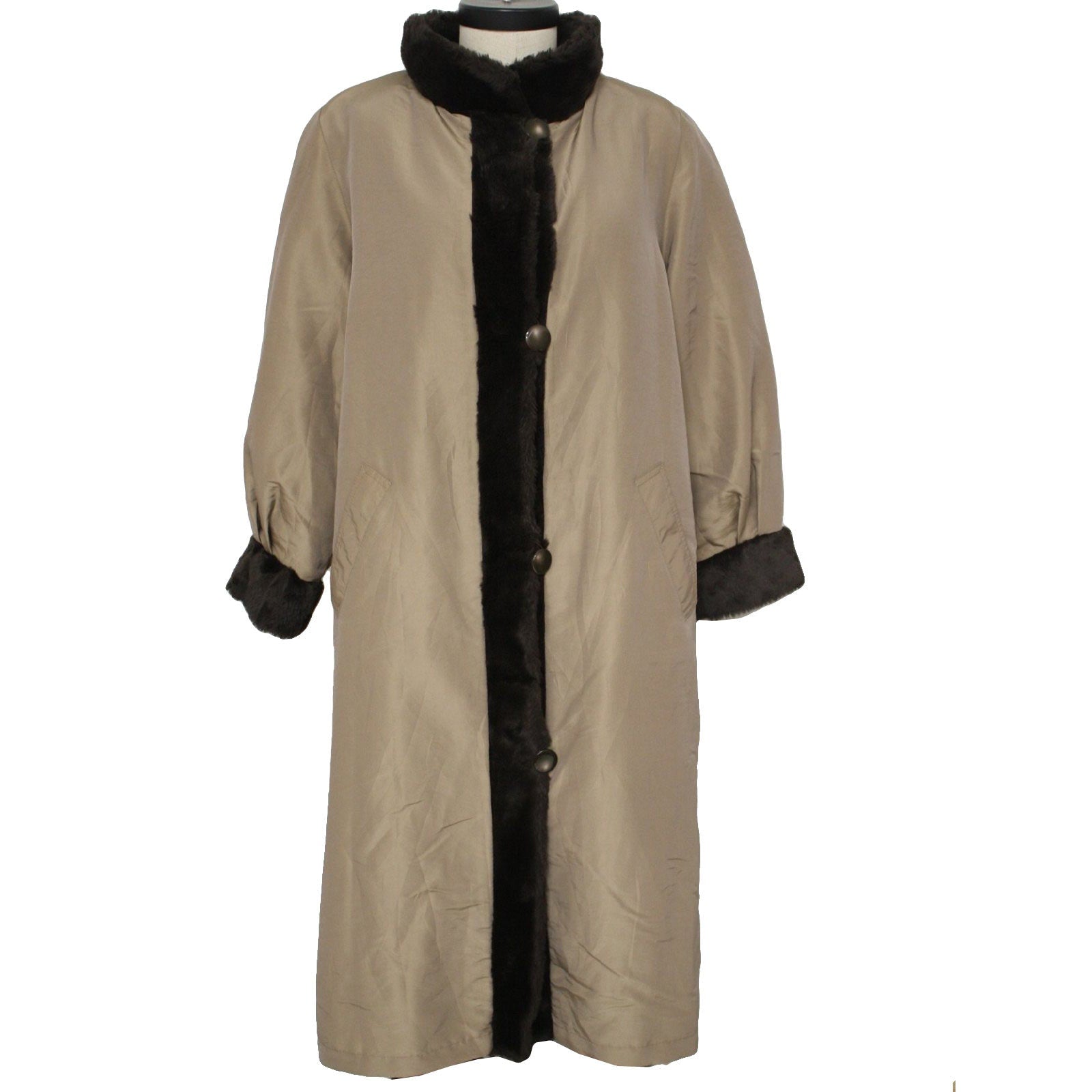 Vintage 70s Women’s Large Reversible Faux Fur / Tan Rain Jacket Water Resistant
