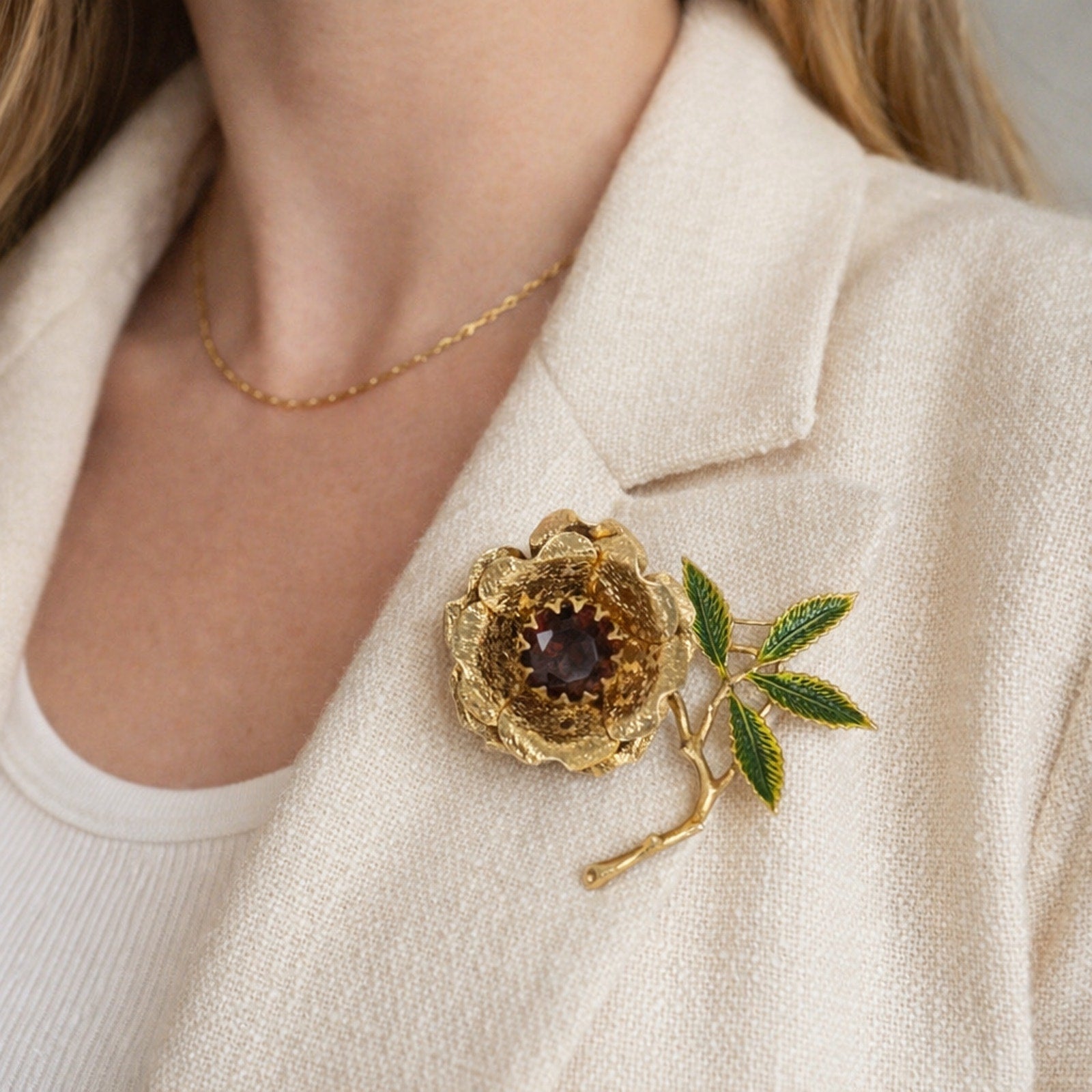 Vintage 1970s Sarah Coventry Brooch Gold Rose Green Enamel Floral