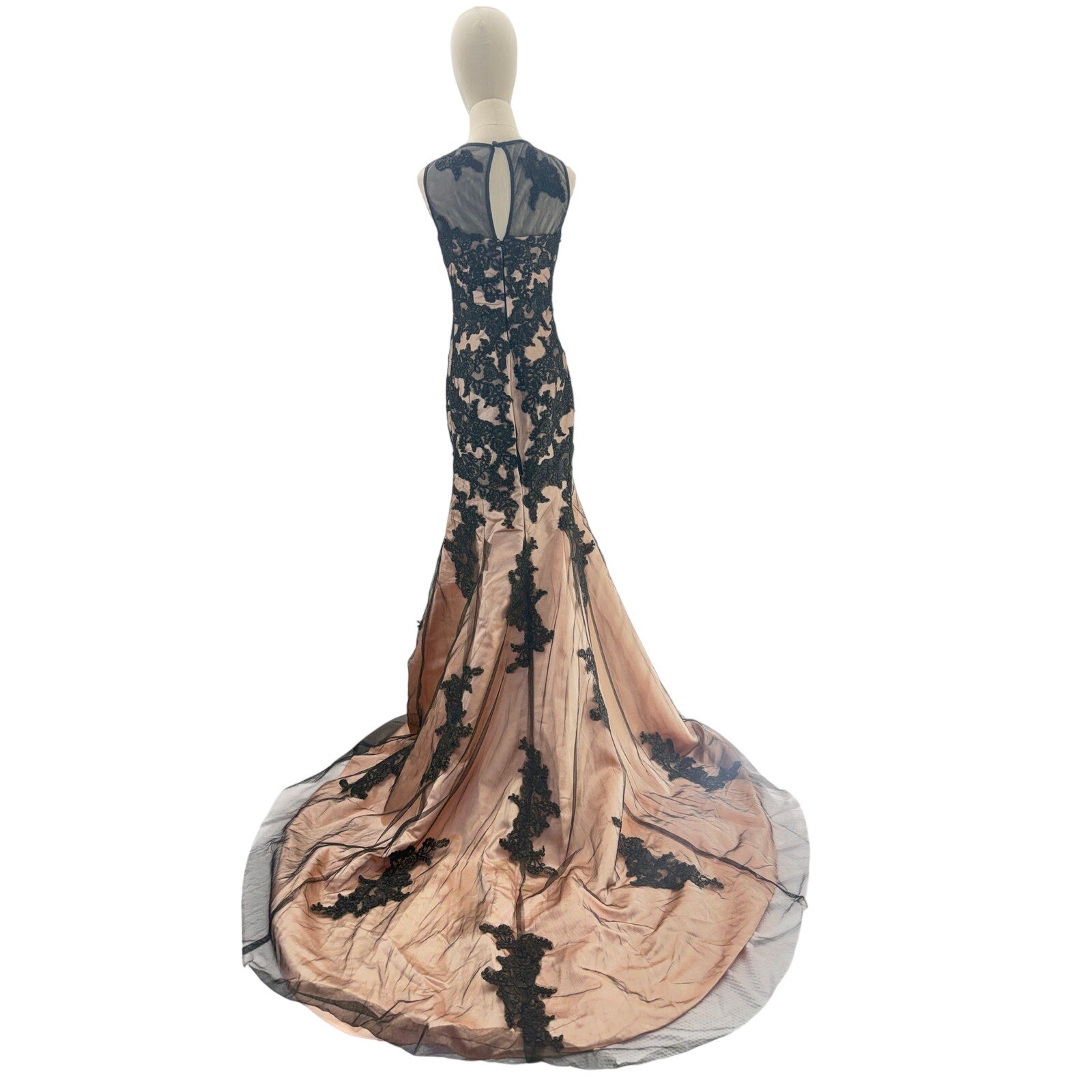Vintage 90s Black Lace Mermaid Evening Gown Nude Illusion Formal Dress XS Petite