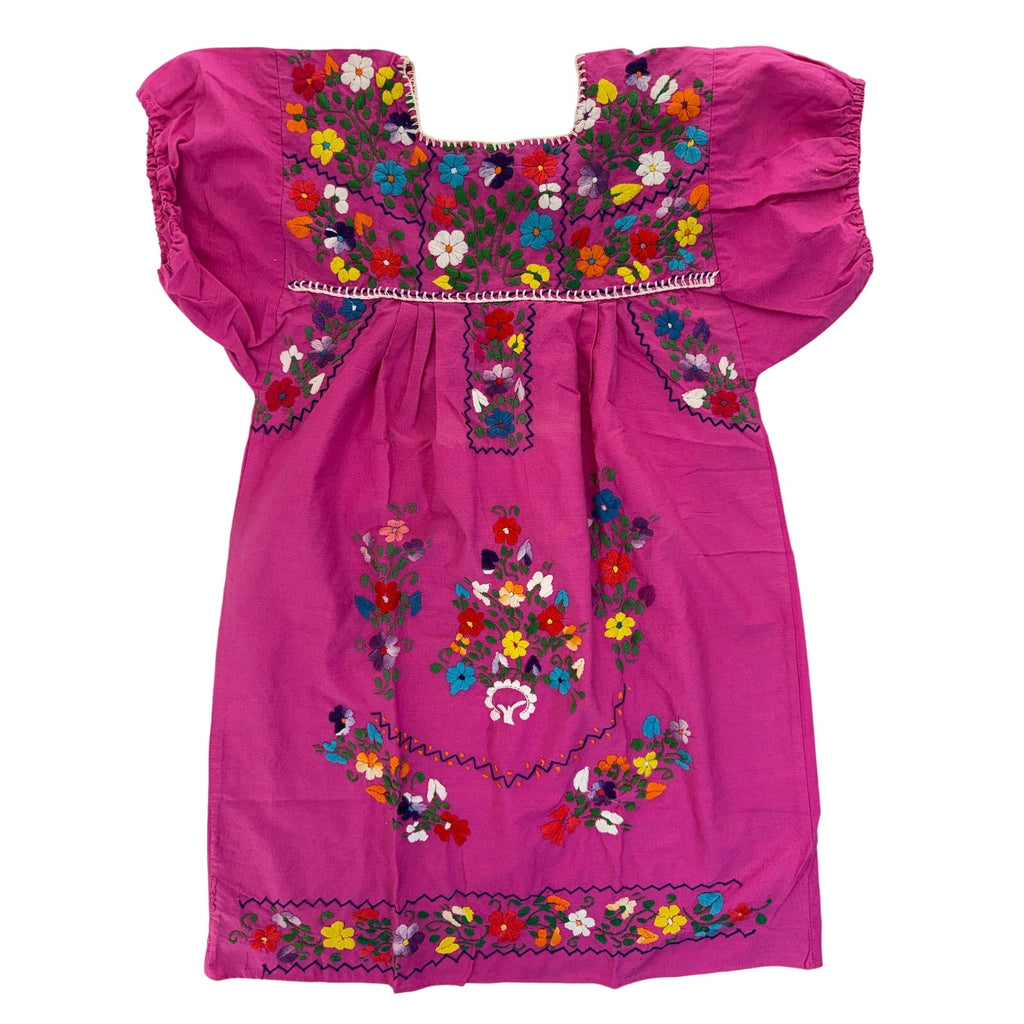 Vintage 80s Pink Embroidered Mexican Peasant Mini Dress Floral Women's Medium