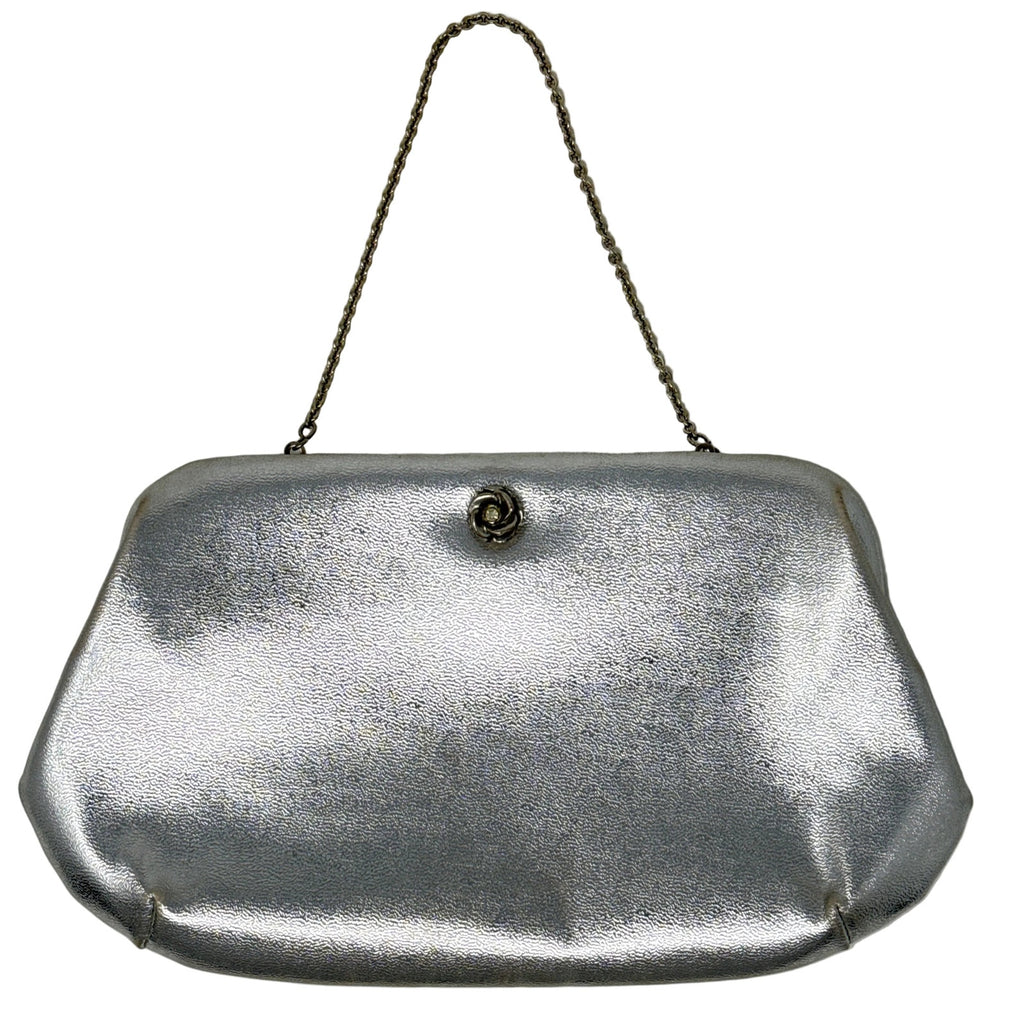 Vintage 70s Lewisette Silver Metallic Clutch Rhinestone Floral Latch