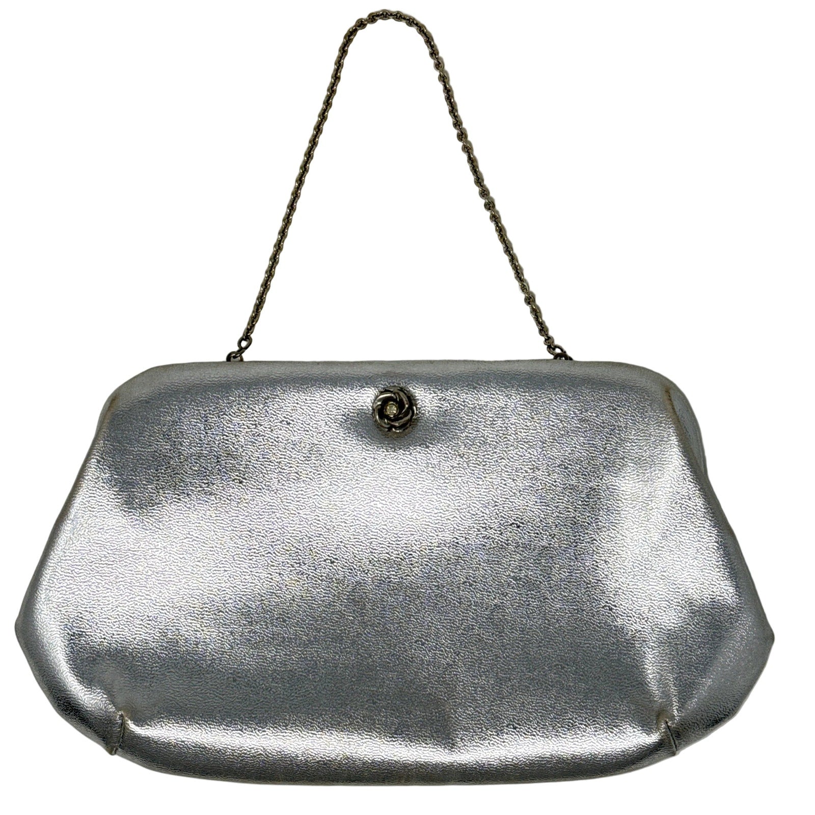 Vintage 70s Lewisette Silver Metallic Clutch Rhinestone Floral Latch