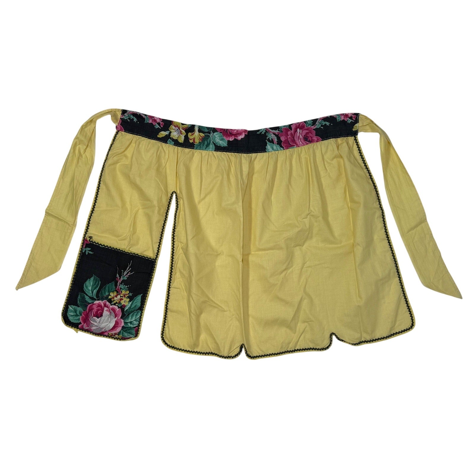 Vintage 1960s Waist Apron Sunny Yellow Floral Rick Rack Trim Retro