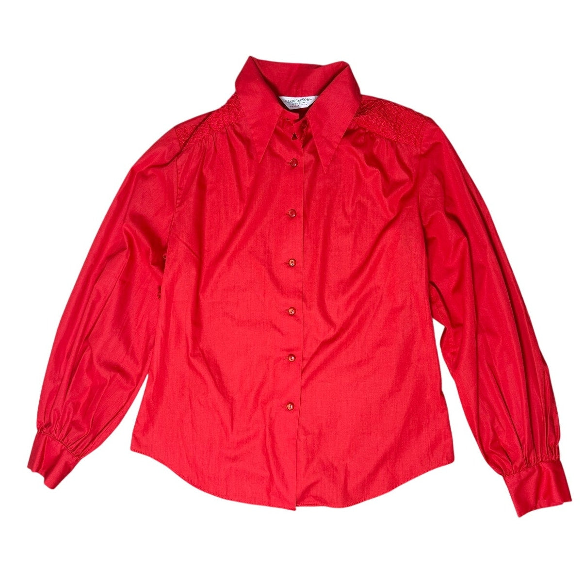 Vintage 70s Women's Large Red Blouse Lady Arrow Decton Red Button Front