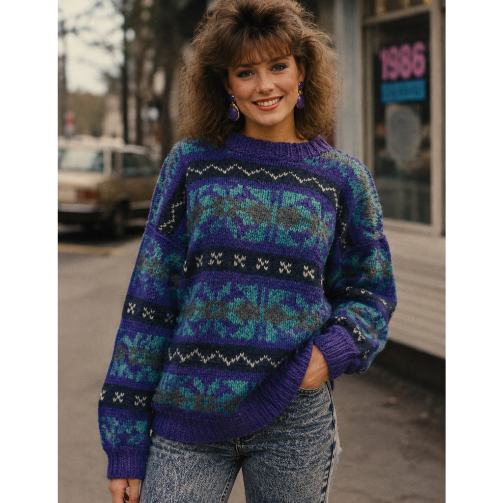 Vintage 80s Artesanias Conejo Ecuador Wool Sweater Purple Blue Women's M