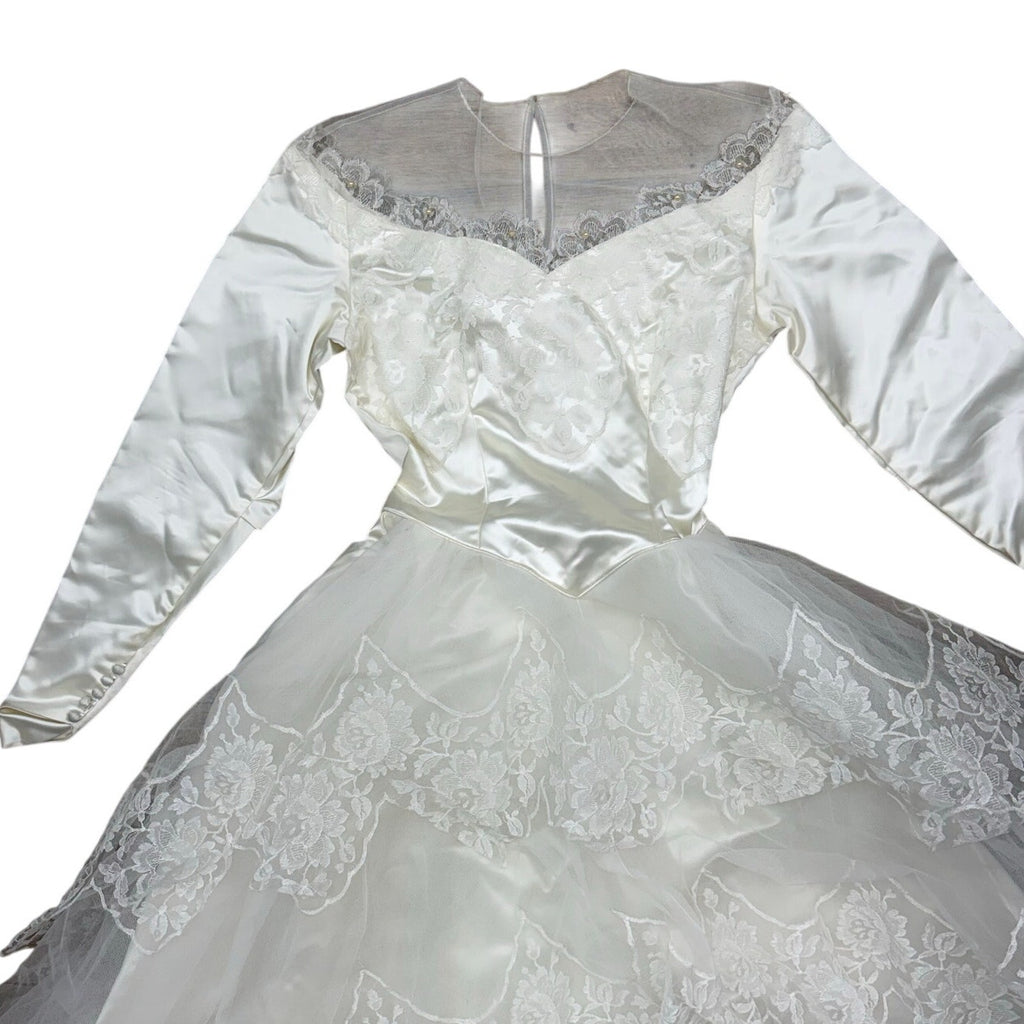 Vintage 50s Women's XS Wedding Dress Satin Lace and Chapel Train Sylvia Ann