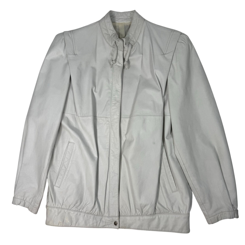 Vintage80s Women's Large White Leather Jacket Bomber Mock Collar Back Stitch