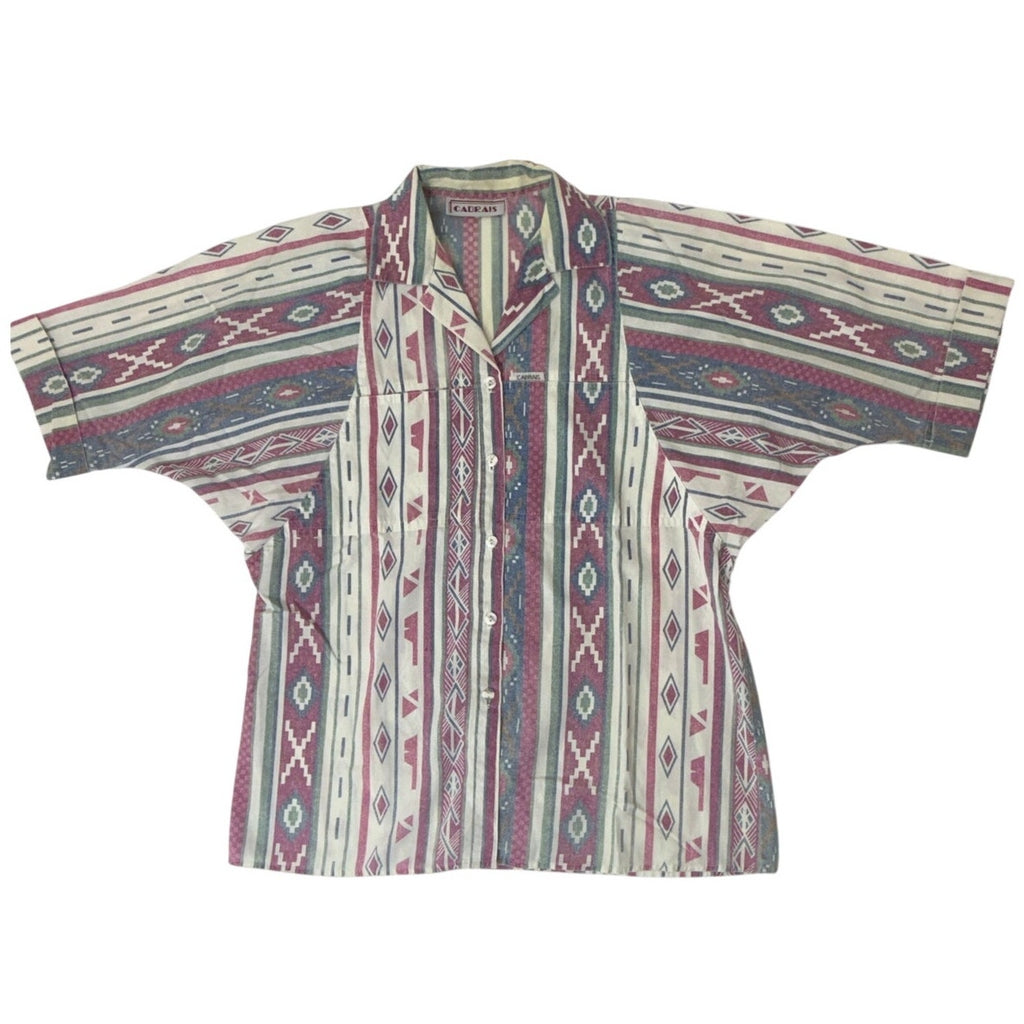 Vintage 90s Cabrais Geometric Tribal Cotton Button Front Blouse Women's Medium
