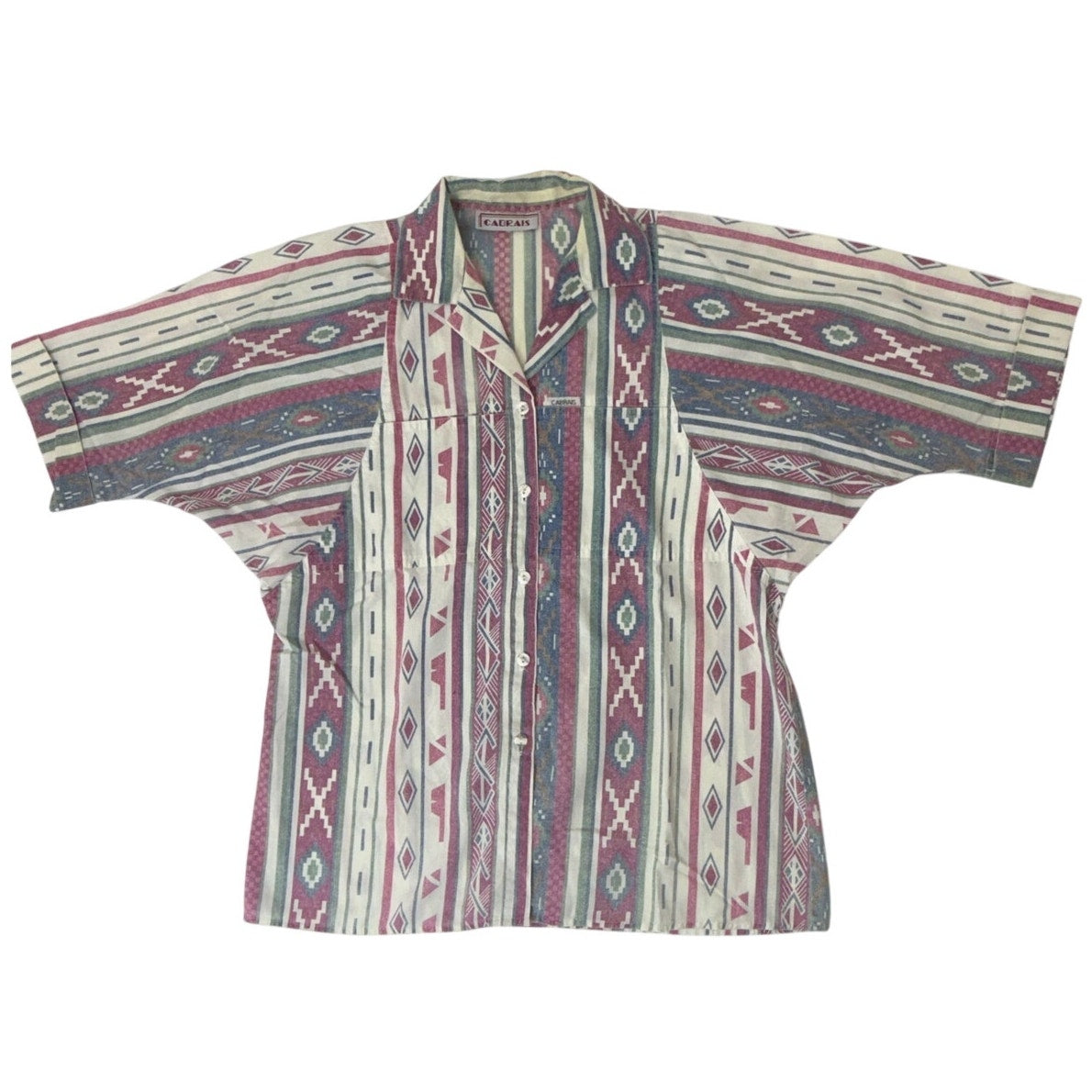 Vintage 90s Cabrais Geometric Tribal Cotton Button Front Blouse Women's Medium