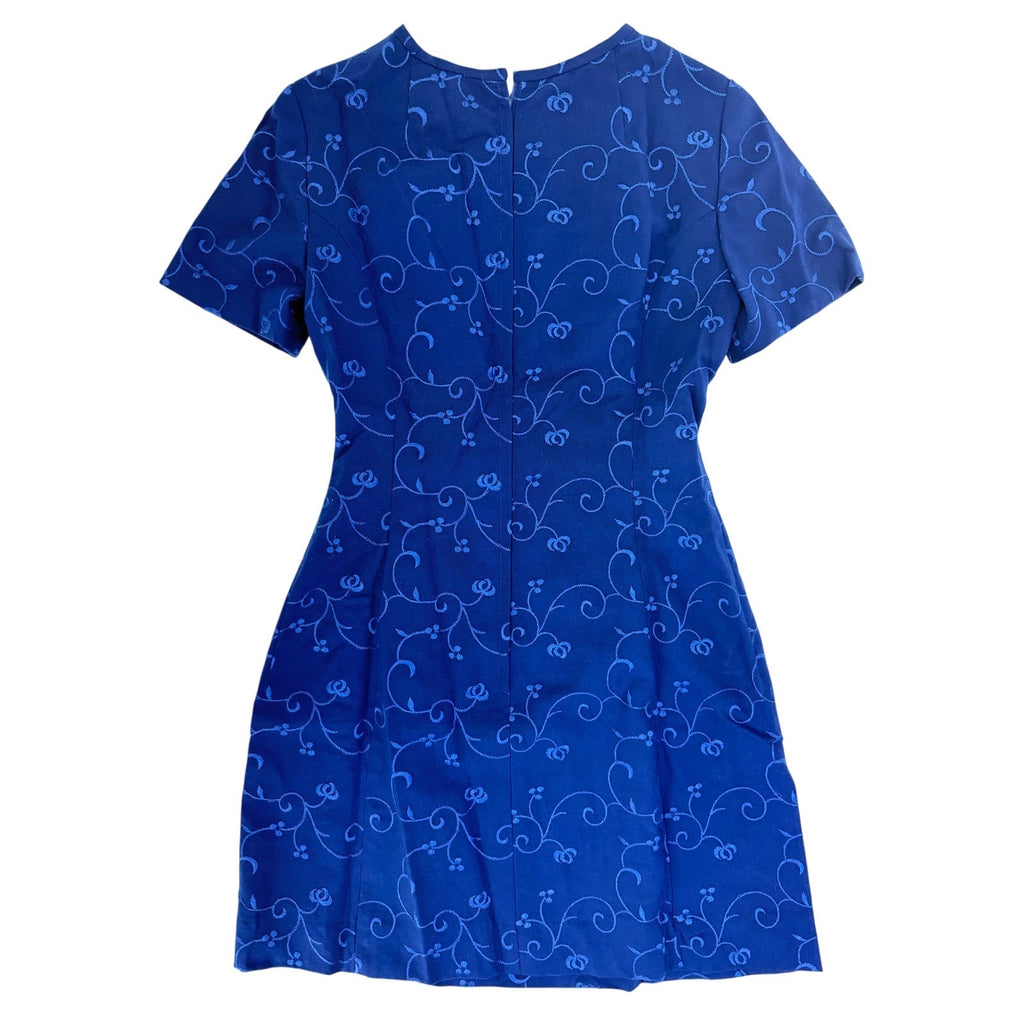 Vintage 70s Home Sewn Navy Embroidered Wool Mini Dress Bow Front Small