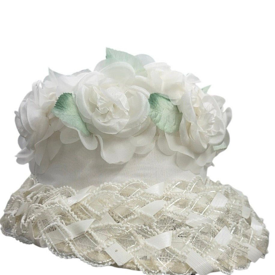 Vintage 60s White Floral Bucket Hat Lace Chiffon Union Label
