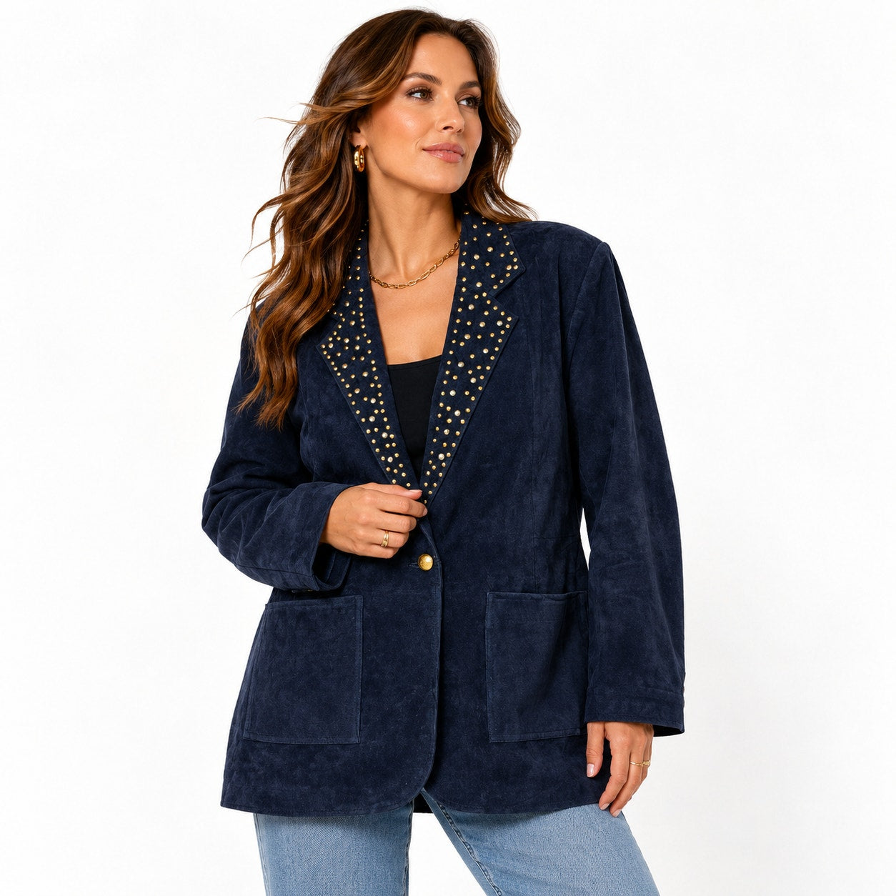 Vintage 90s Women's Large Navy Suede Leather Blazer Jacket Studded Lined