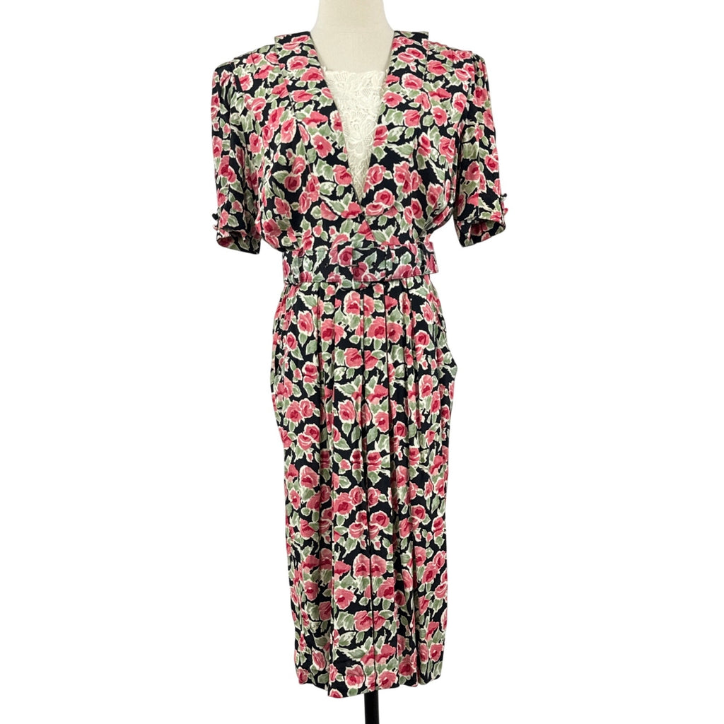 Vintage 80s Karin Stevens Pink Floral Rayon Belted Midi Sheath Dress Medium