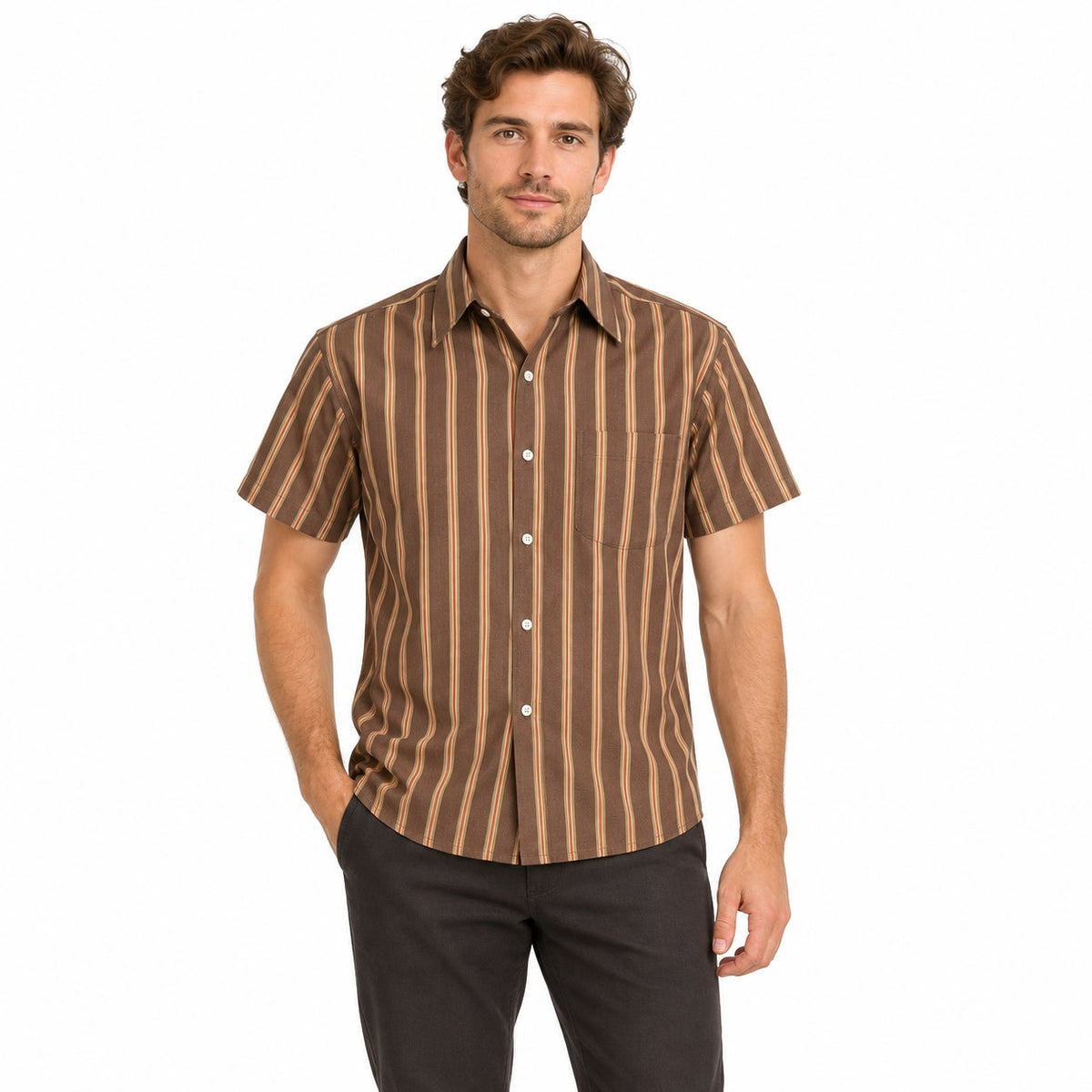 Vintage 60s Ever Pressed National Brown Striped Shirt Men’s Medium