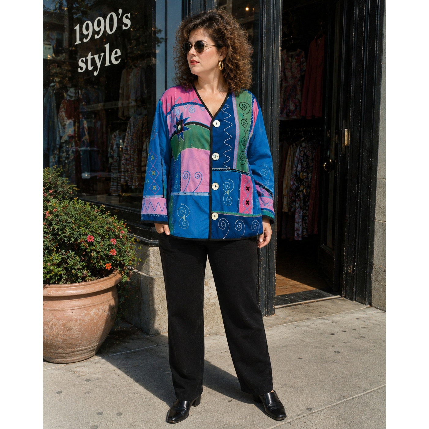 Vintage 90s Indigo Moon Patchwork Jacket 2X Art to Wear Linen Cotton Rayon