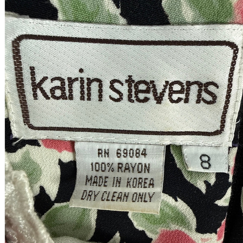 Vintage 80s Karin Stevens Pink Floral Rayon Belted Midi Sheath Dress Medium