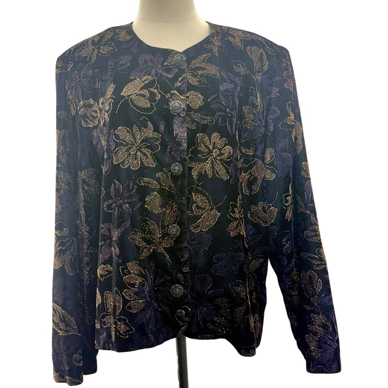 Maggie McNaughton Black Velvet Floral Glitter Jacket Women's 24 USA