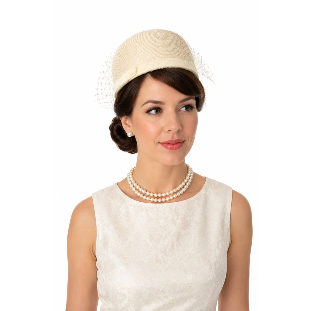 Vintage 1960s Ivory Pillbox Hat with Veil Mod Wedding Cocktail Cap