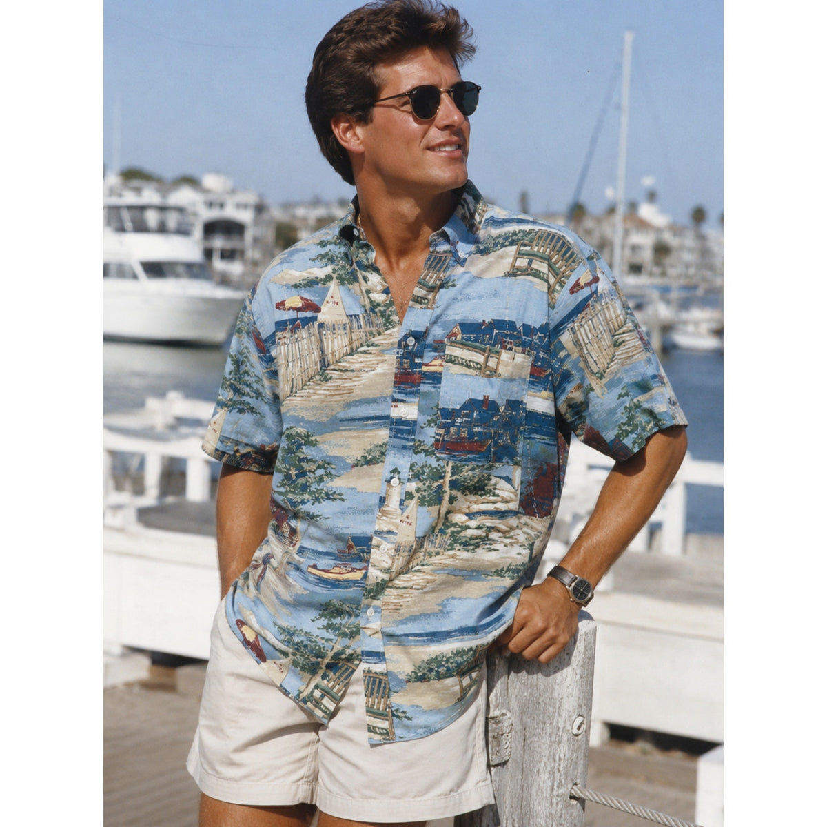 Vintage 90s Nautica Mens Coastal Print Linen Cotton Shirt Mens Medium