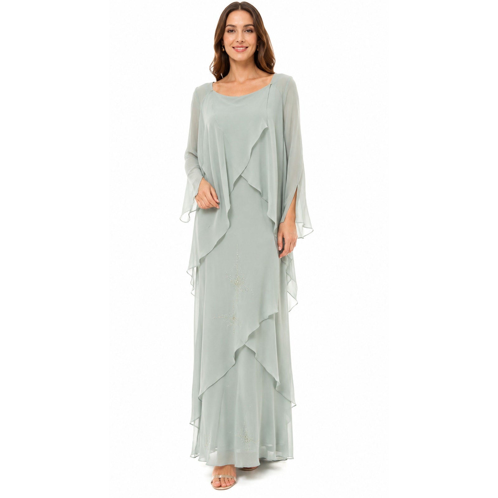 Vintage 90s Women's Large Captivia New York Mint Green Chiffon Layered Dress Set USA