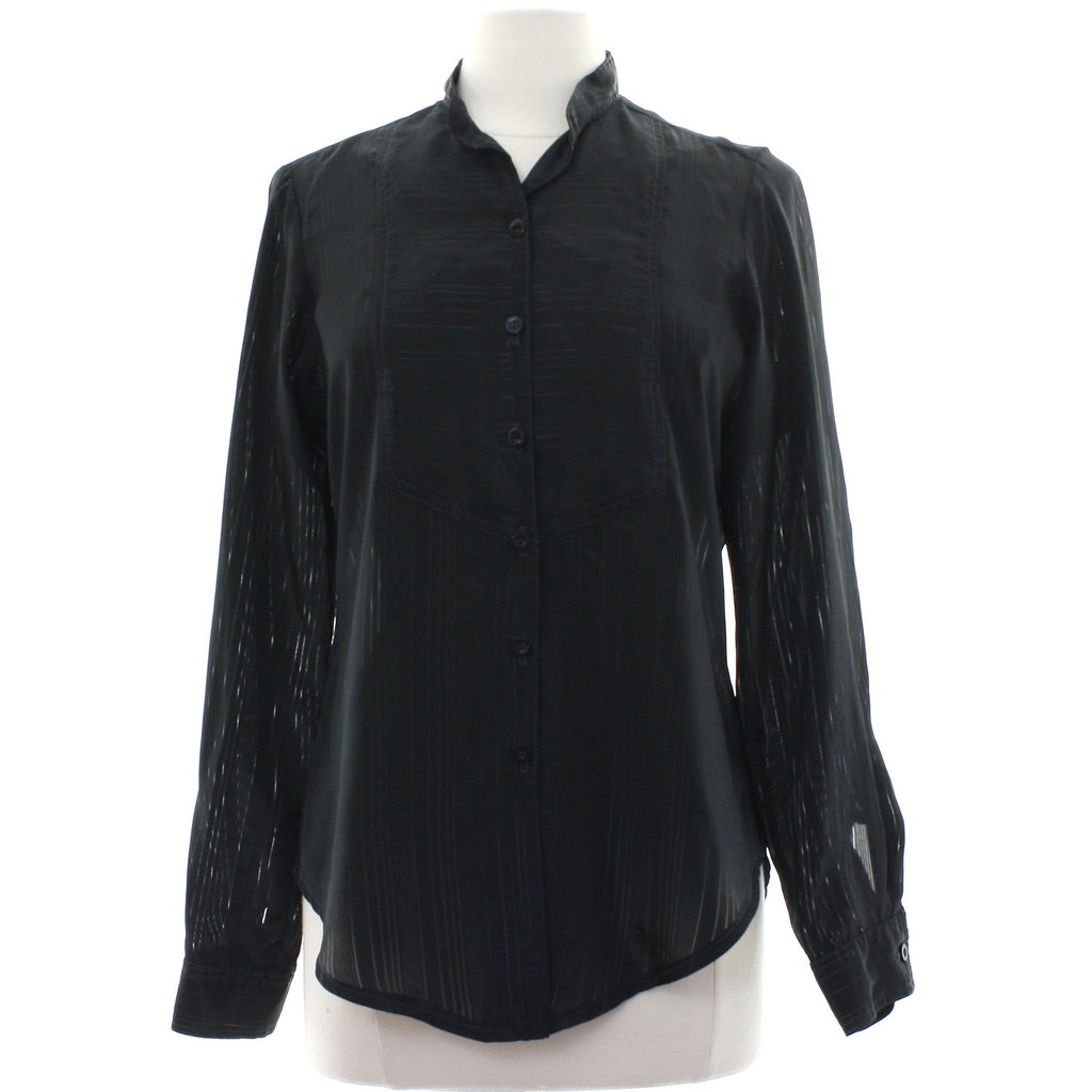 Vintage 80s Donito Italy Black Sheer Blouse Band Collar Button Front Women's S