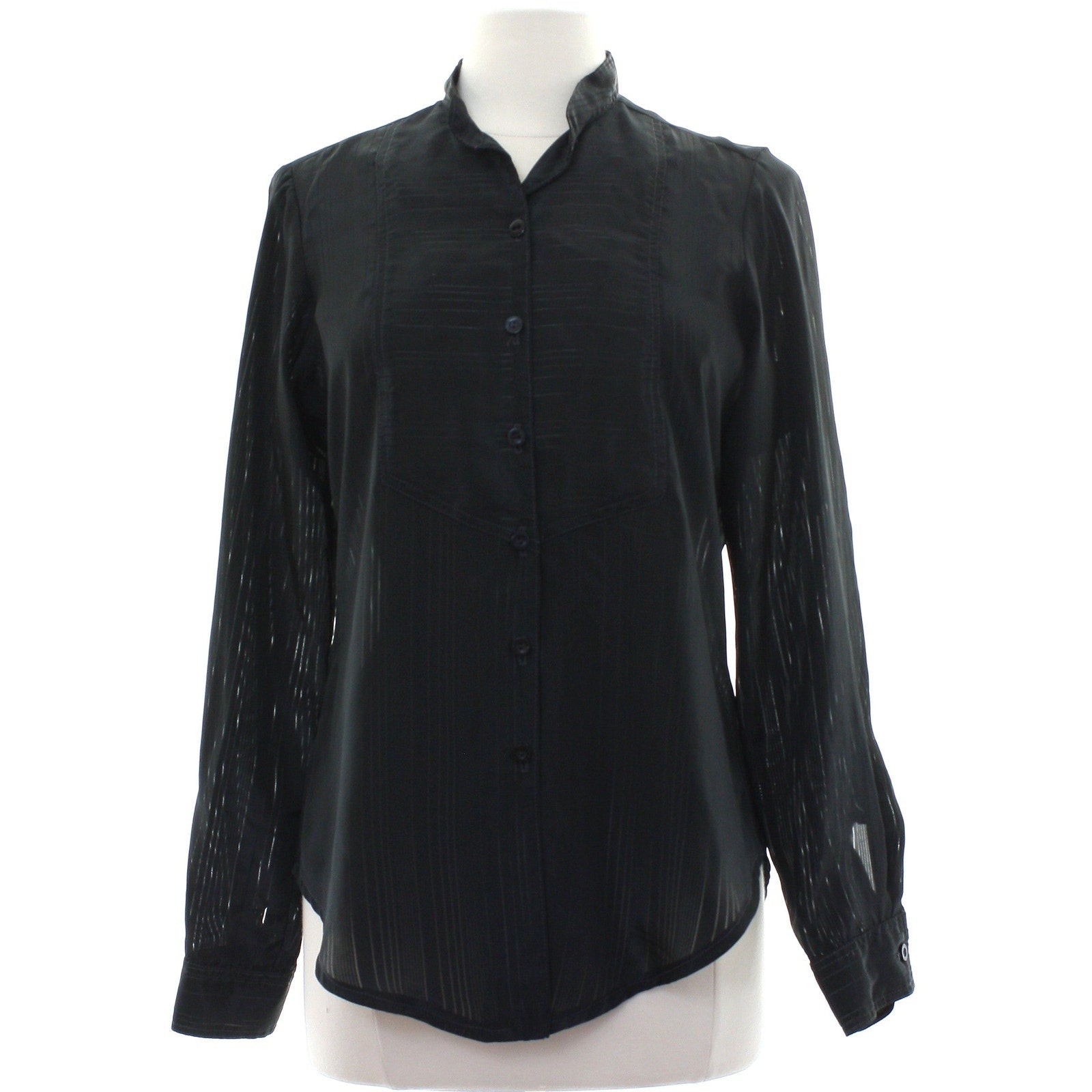 Vintage 80s Donito Italy Black Sheer Blouse Band Collar Button Front Women's S