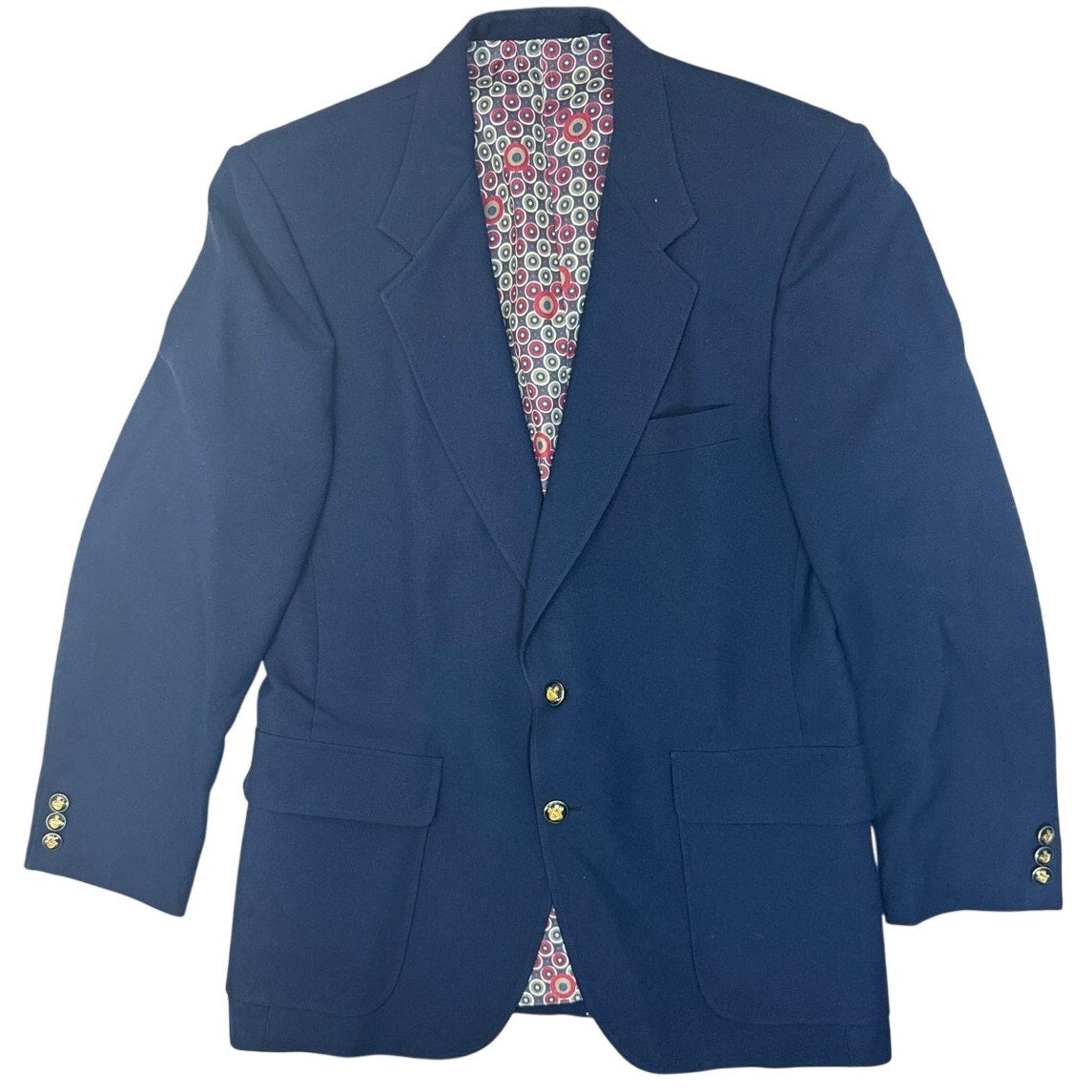 Vintage 70s Knack Navy Knit Blazer Gold Crest Buttons USA 40 Chest