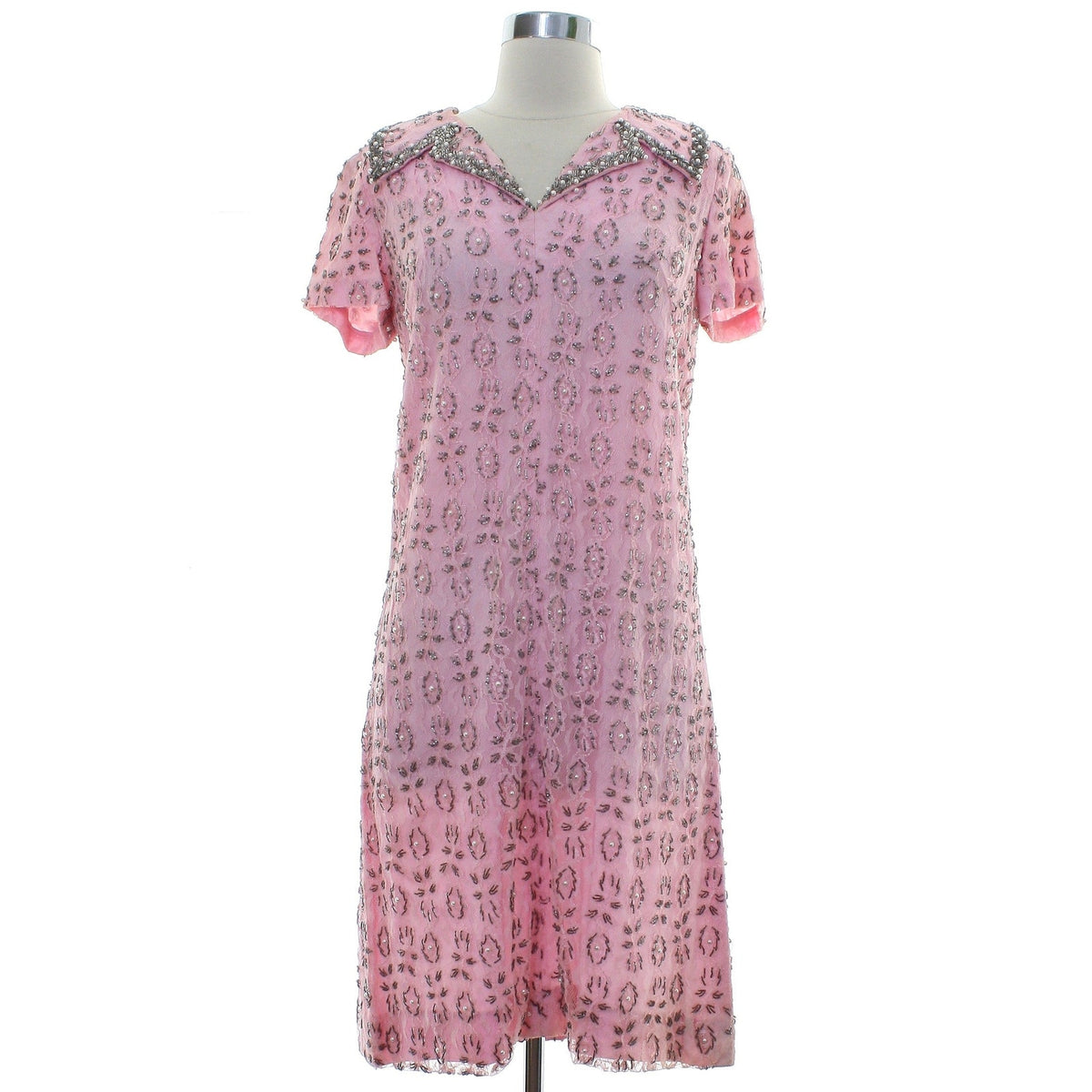Vintage 70s Andora Hong Kong Pink Beaded Lace Sheath Dress Size 12