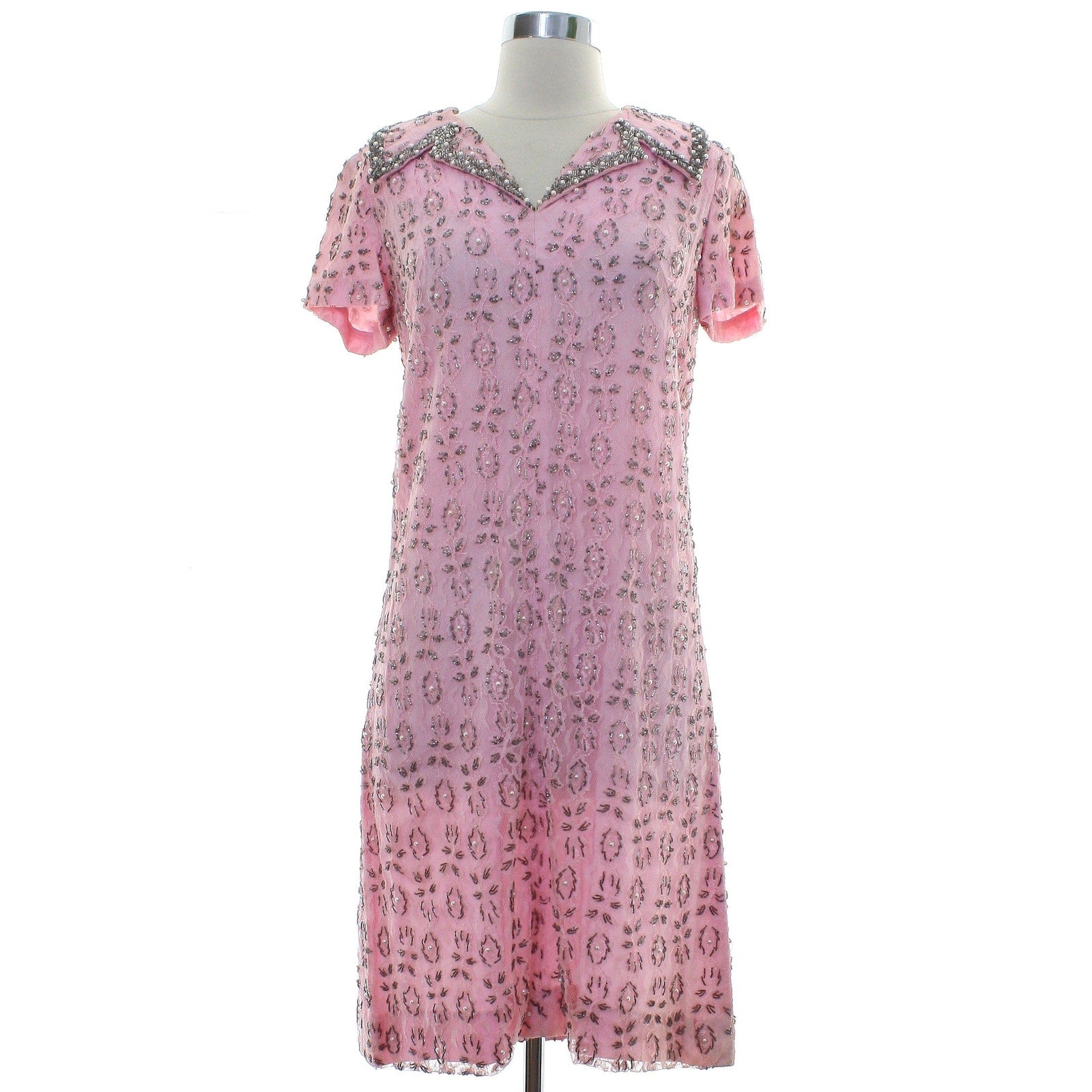 Vintage 70s Andora Hong Kong Pink Beaded Lace Sheath Dress Size 12