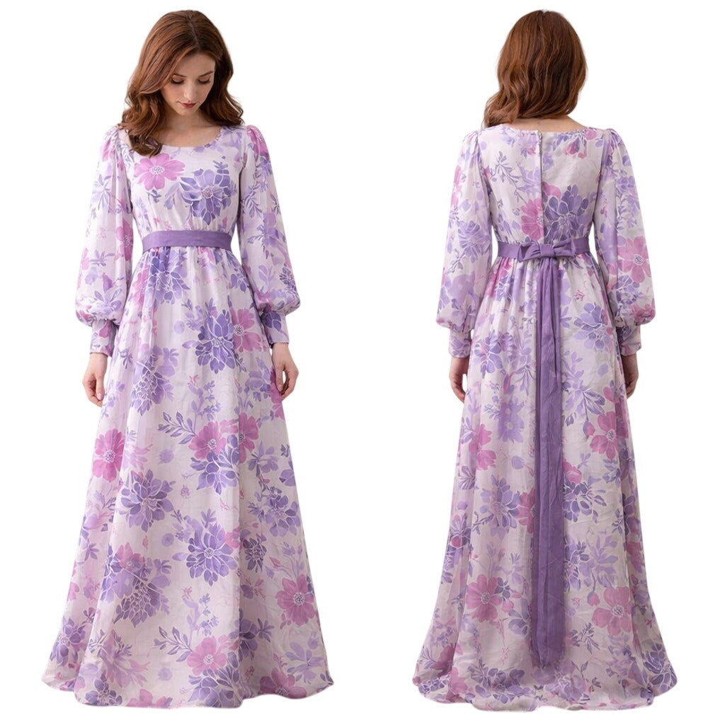 Vintage 60s Purple Floral Prom Bridesmaid Dress Women's S/M Emma Domb