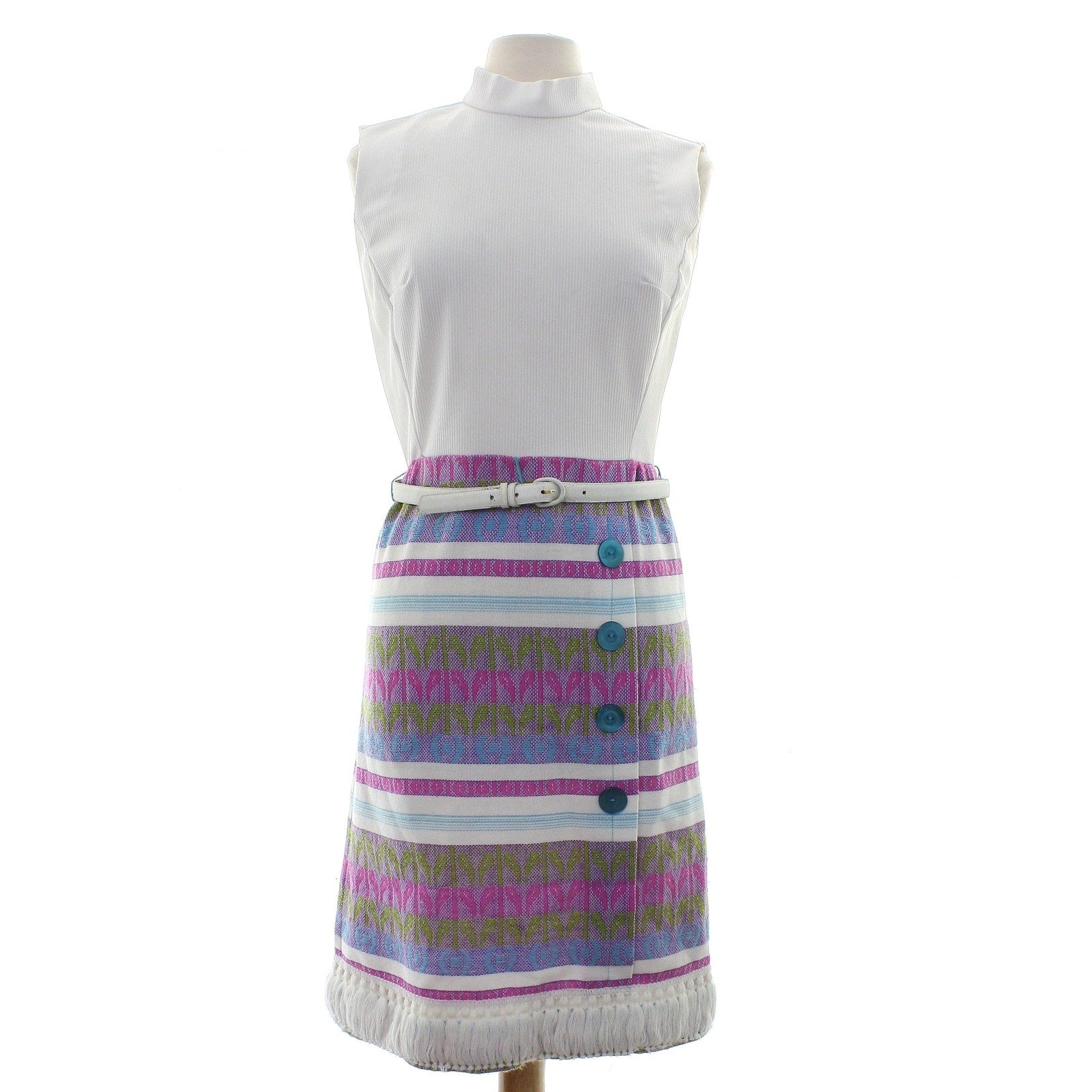 Vintage 70s Forget Me Not White Knit Geometric Fringe Midi Dress Women Small