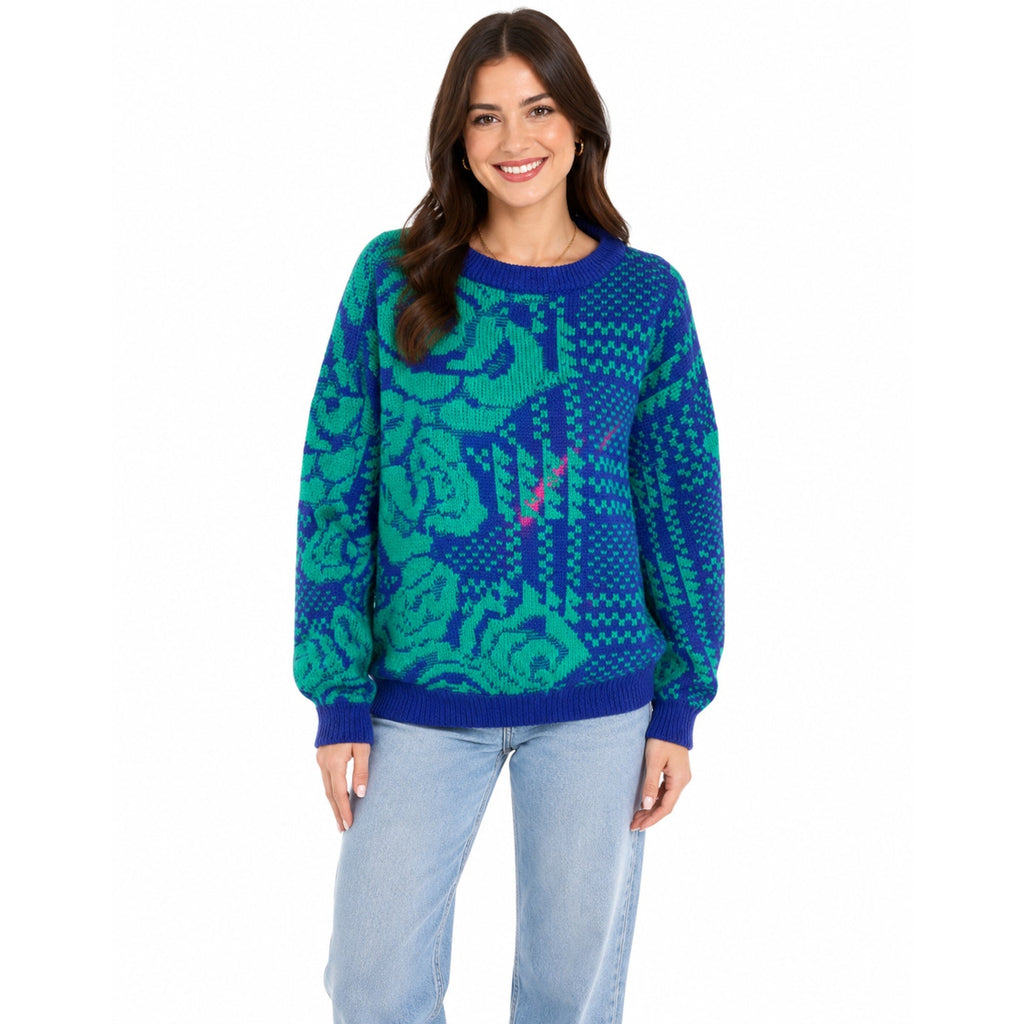 Vintage 80s A'Milano Blue Green Floral Geometric Acrylic Sweater Women's Medium