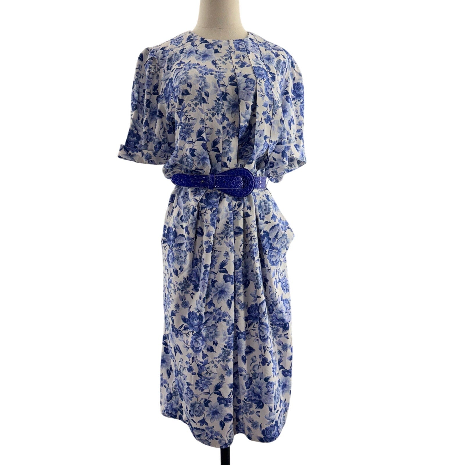 Vintage 90s Womens 12 Karin Stevens Blue Floral Rayon Midi Dress Belted