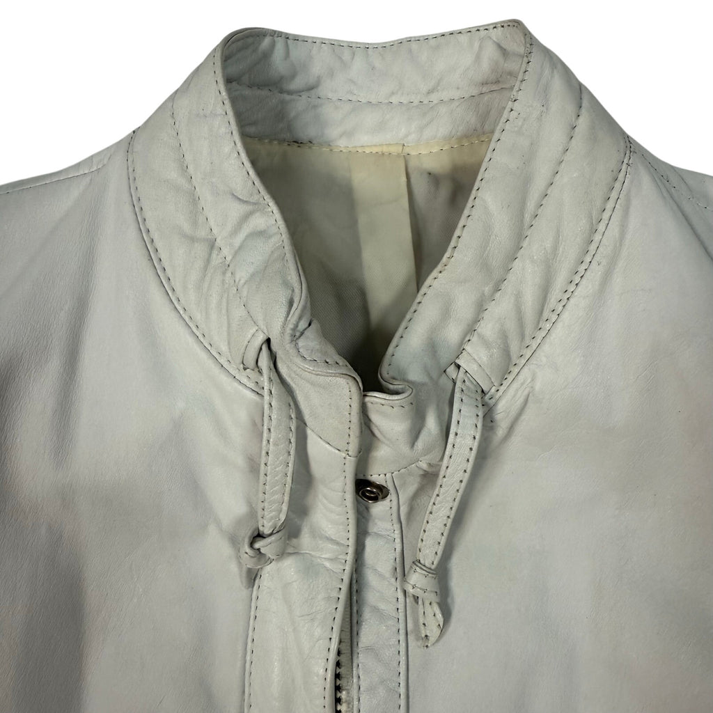 Vintage80s Women's Large White Leather Jacket Bomber Mock Collar Back Stitch