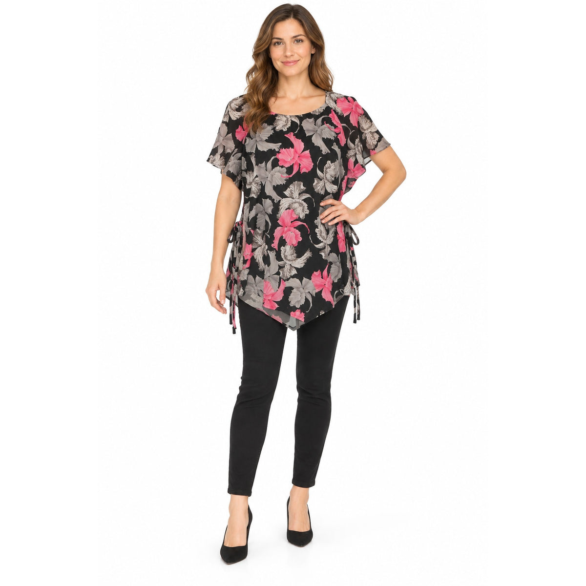 Vintage 1970s Floral Angel Wing Cold Shoulder Tunic Top Women’s Medium