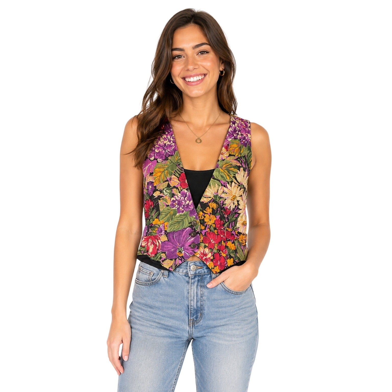 Vintage 80s Floral Tapestry Vest Black Adjustable Back Women's Small Boho