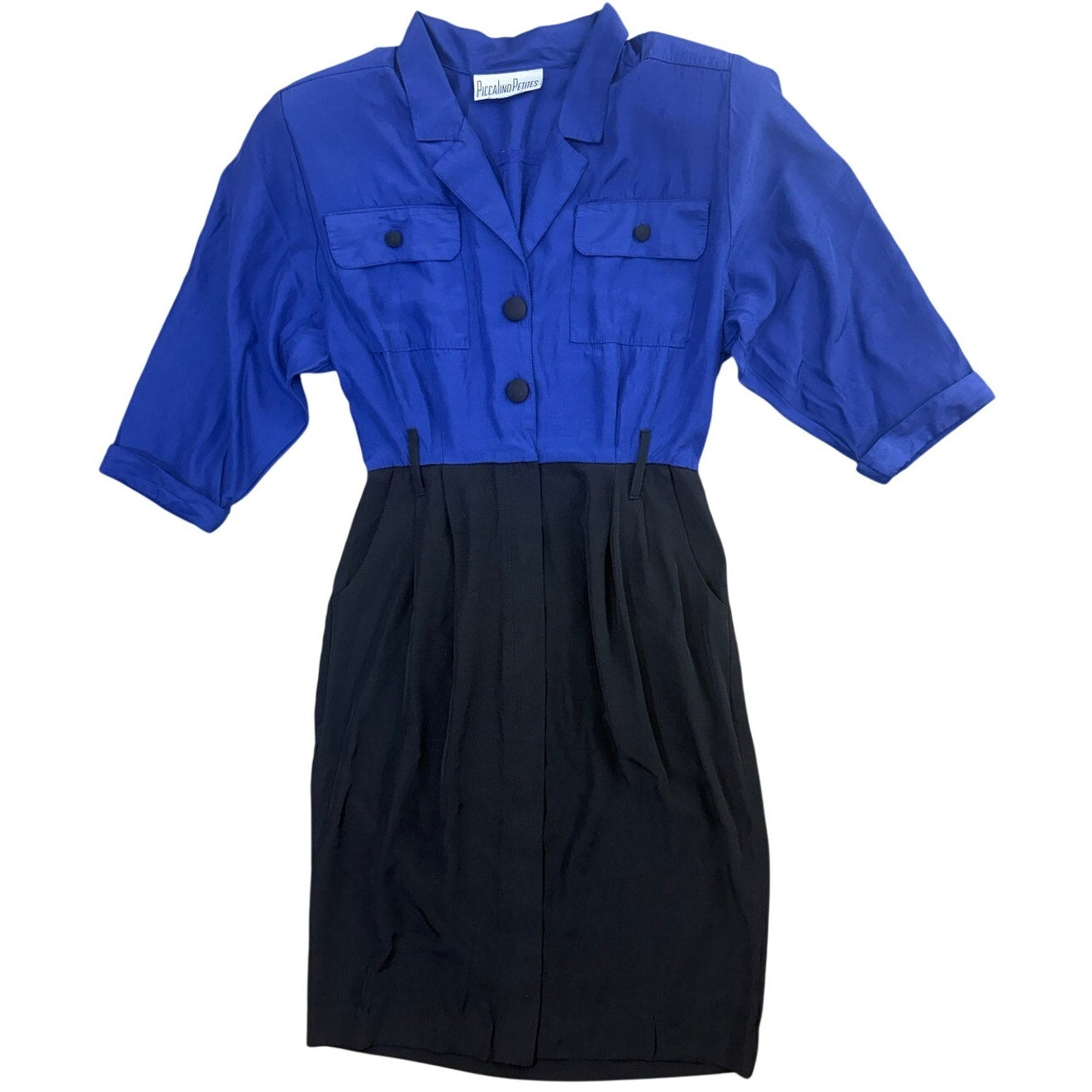 Vintage 80s Women's 8P Belted Dress Blue Black Office Chic USA Made