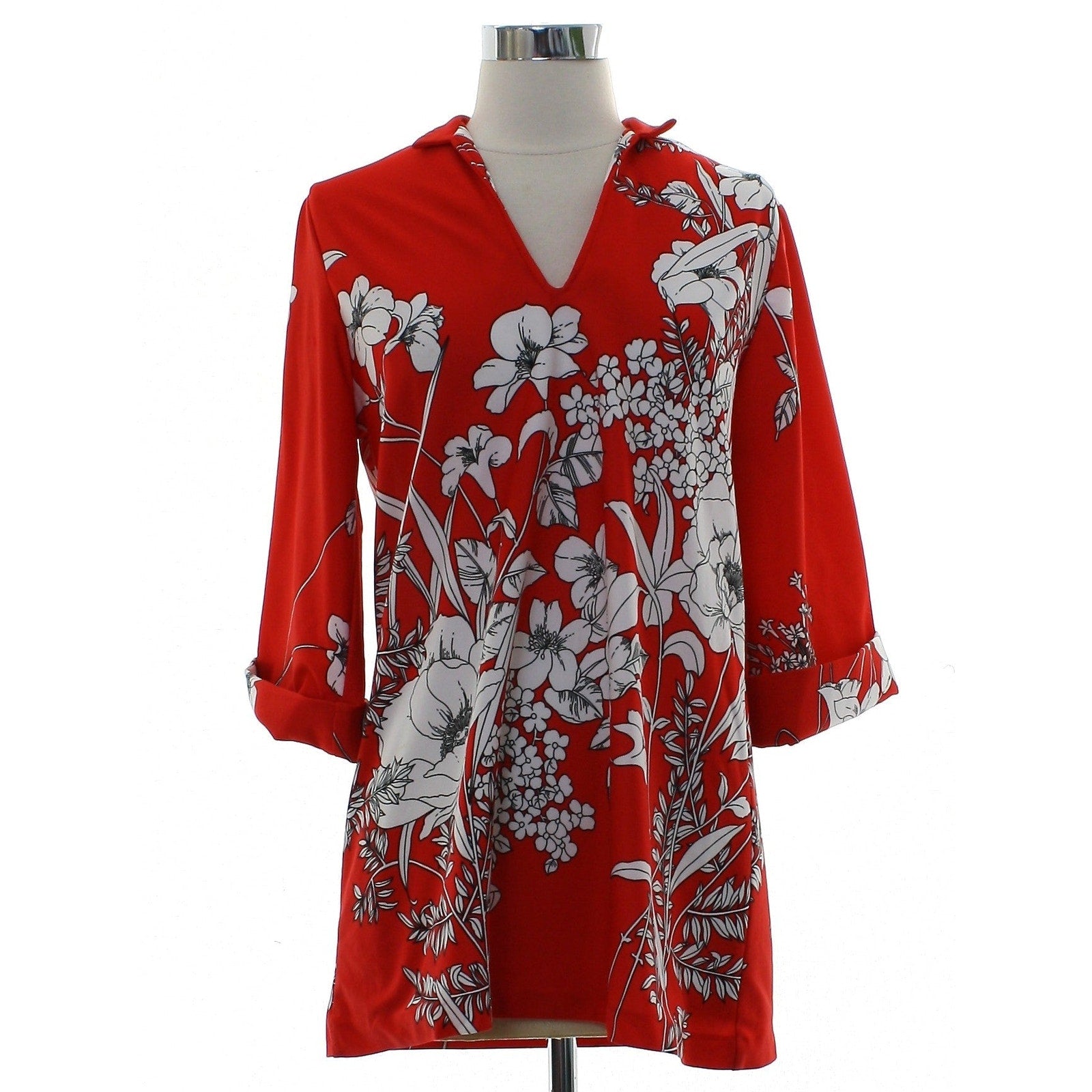 Vintage 80s Teddi Red White Floral Tricot Knit Tunic Top Women's S/M