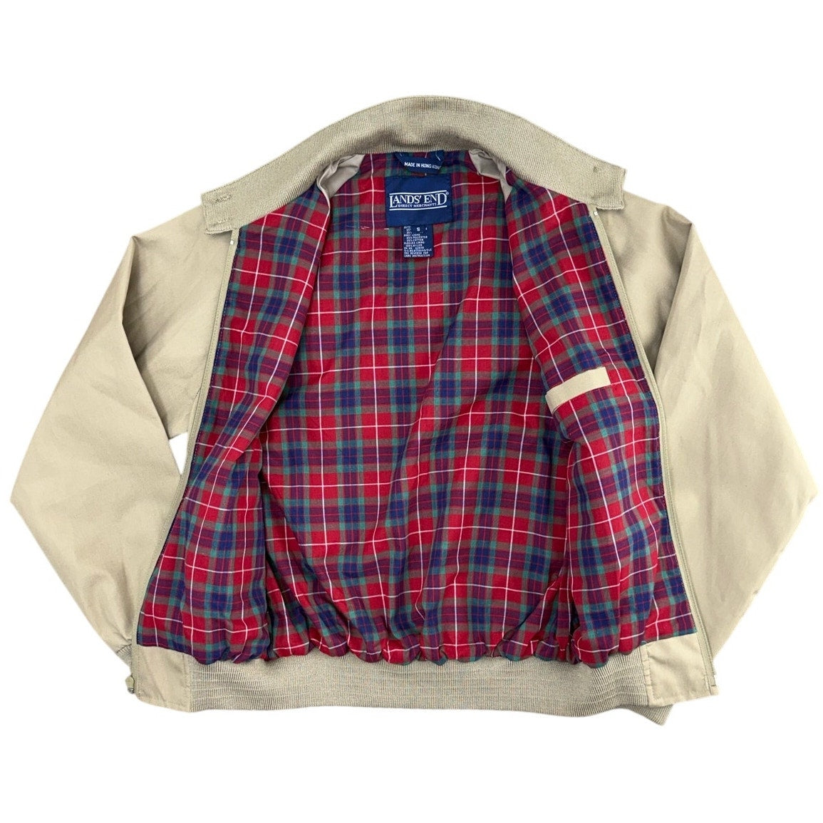 Vintage 90s Lands' End Women's Small Bomber Jacket Tan Plaid Lined Zip Front