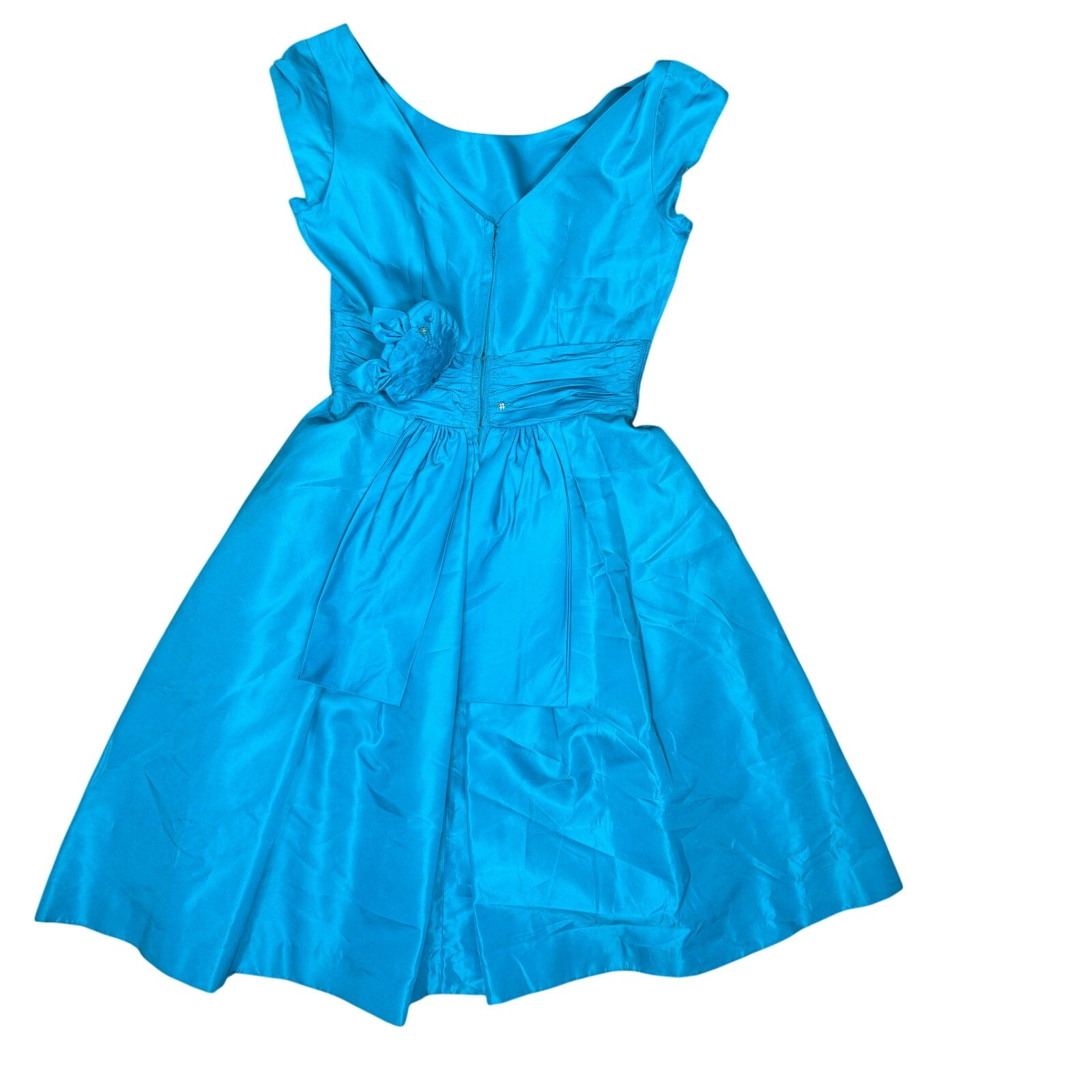 Vintage 50s Blue Cocktail Dress Lipman's Back Bow Floral Detail Women's XS