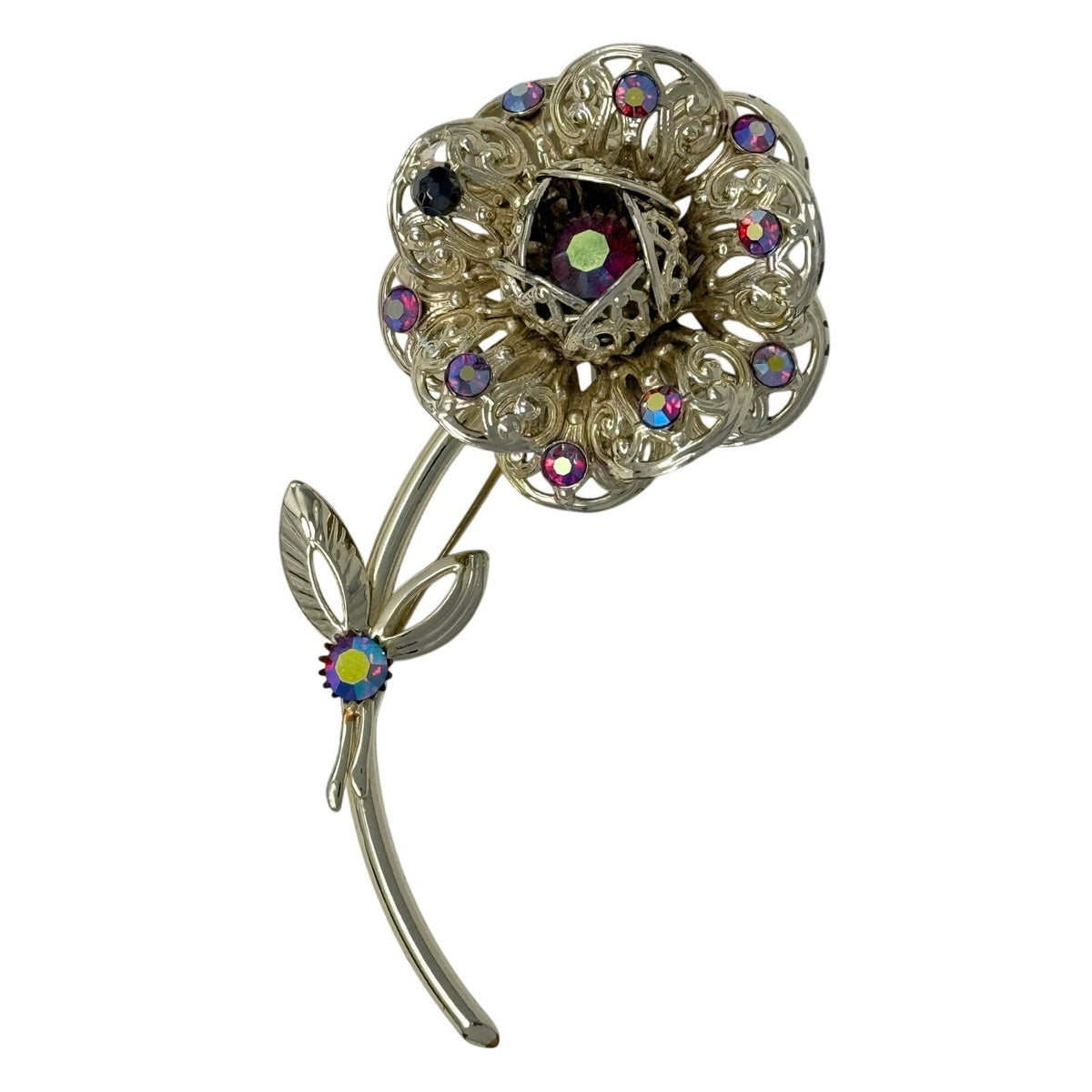 Vintage 80s Sarah Coventry Floral Rhinestone Brooch Silver Tone Pin
